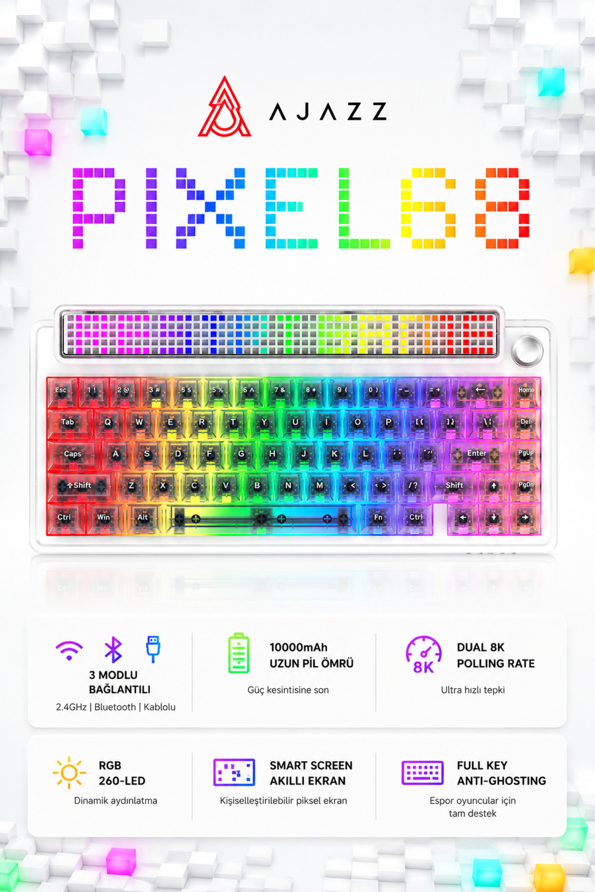 Ajazz Pixel 68 Dot Matrix Ekranlı Kablolu ve Kablosuz 8000 Hz- 260
