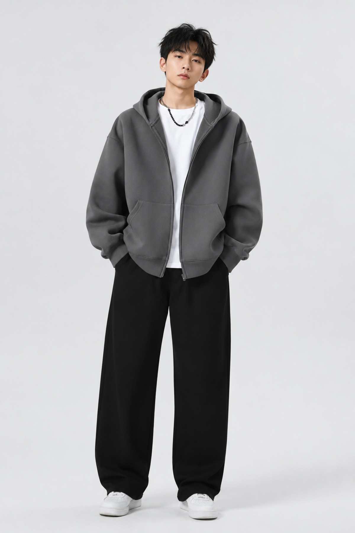 Boi Desensiz Sweatshirt Fermuarlı Hırka - Siyah Oversize Cepli Kışlık Kapüşonlu