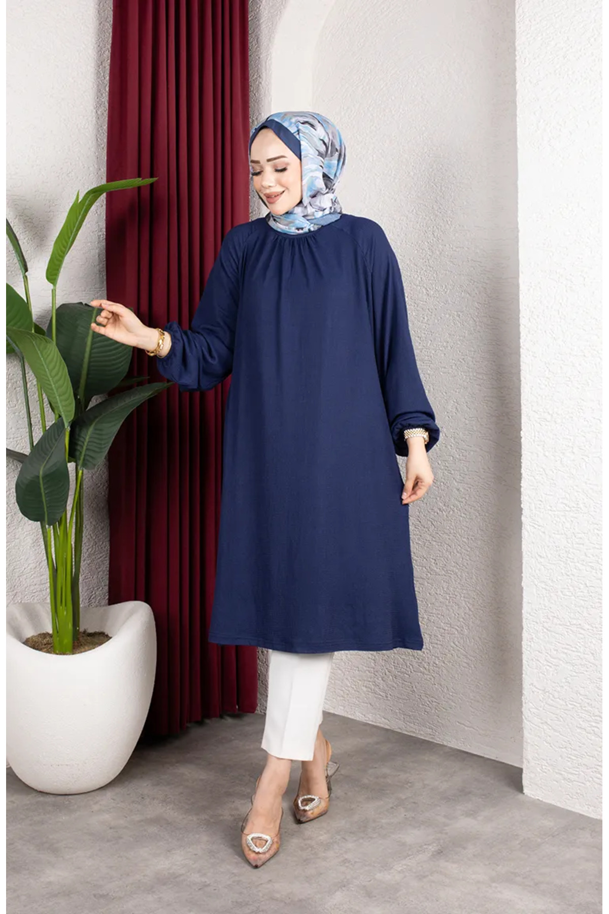 sefamerve Bürümcük Kumaş Reglan Kol Uzun Tunik 0902-05 Lacivert görsel 3