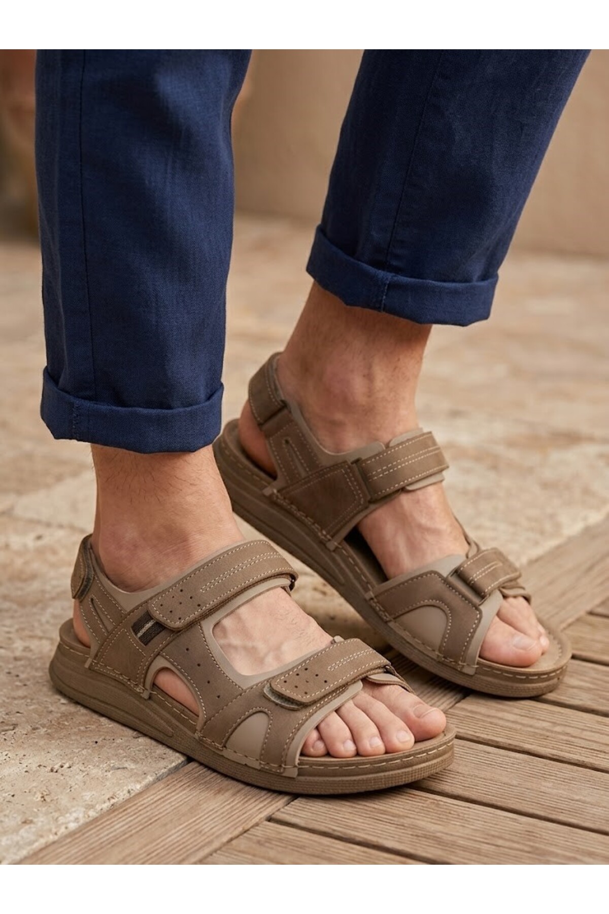 BENTO Titan Comfort Erkek Suni Deri Anatomik Taban Cırt Cırtlı Günlük Sandalet Terlik görsel 4