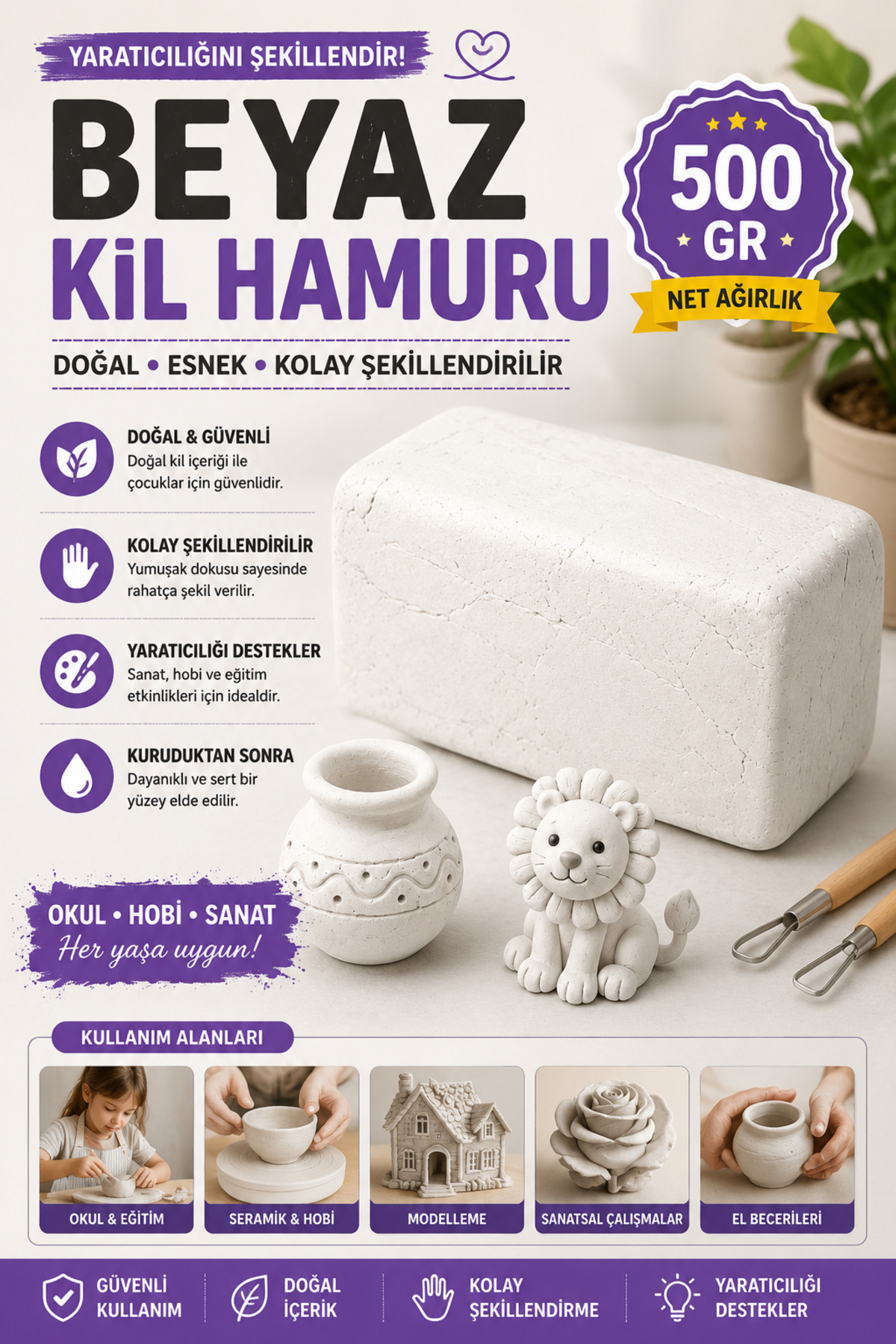 ANI OFİS KIRTASİYE A K Kil Hamuru 500 Gr Doğal Seramik ve Modelleme Kil Hamuru Hava ile Kuruyan