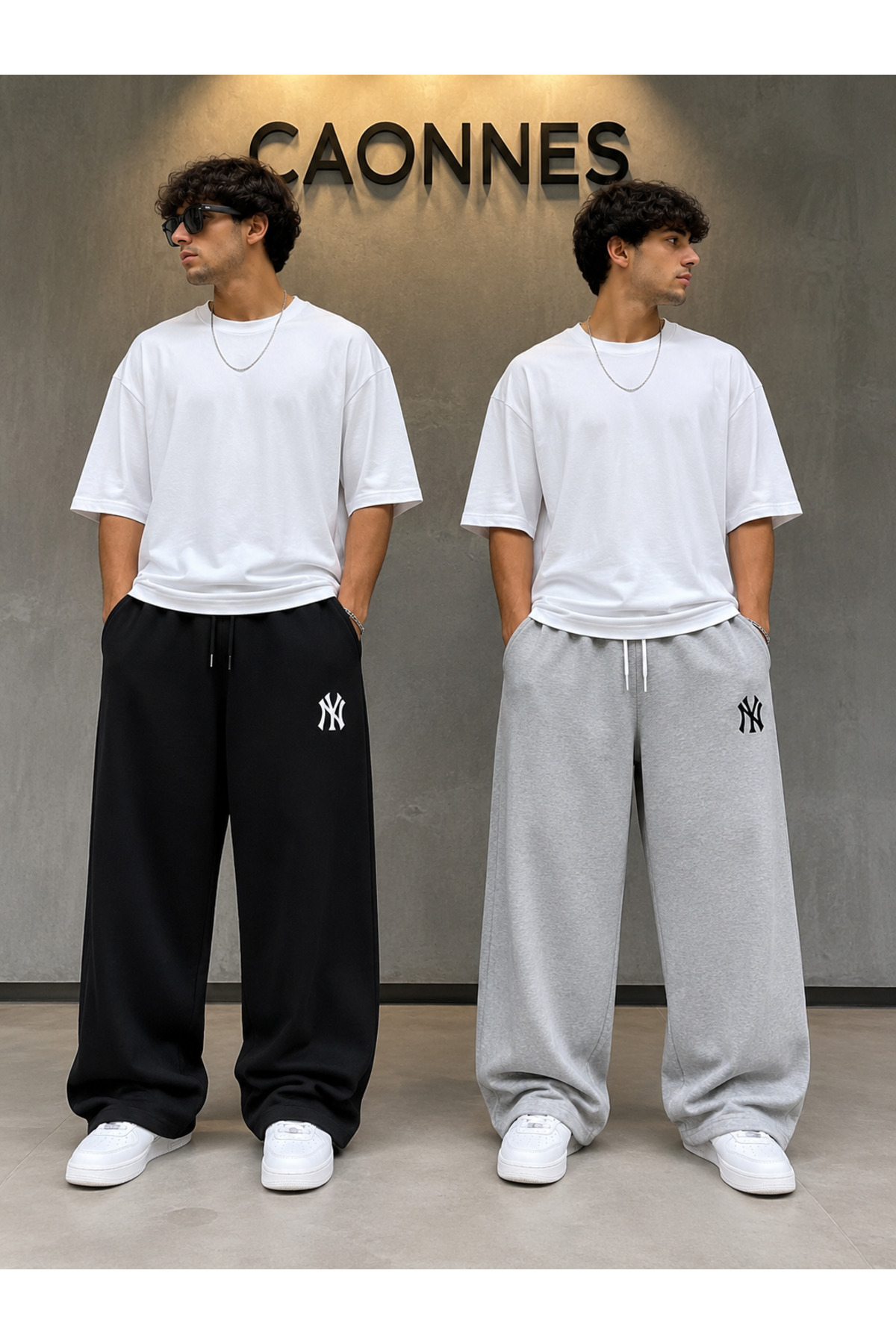 CAONNES 2-Pack Men's Ny Printed Sweatpants (Black-Grey) Oversize Baggy Loose Legs