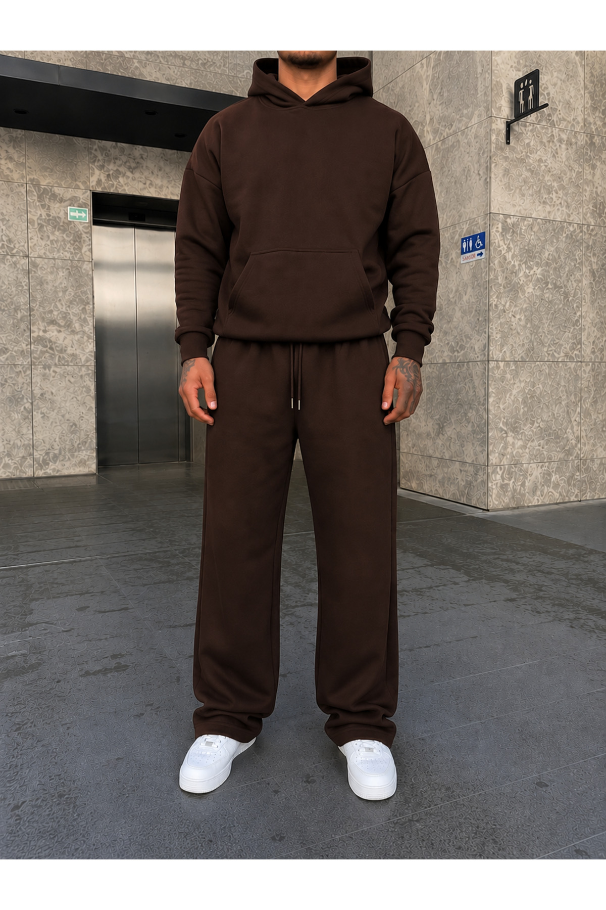 ERKEK Oversize Baggy Kalıp Uygun Basic Günlük Eşofman Takımı — قهوه‌ای BRNSFTK7 — تصویر 3 از 4