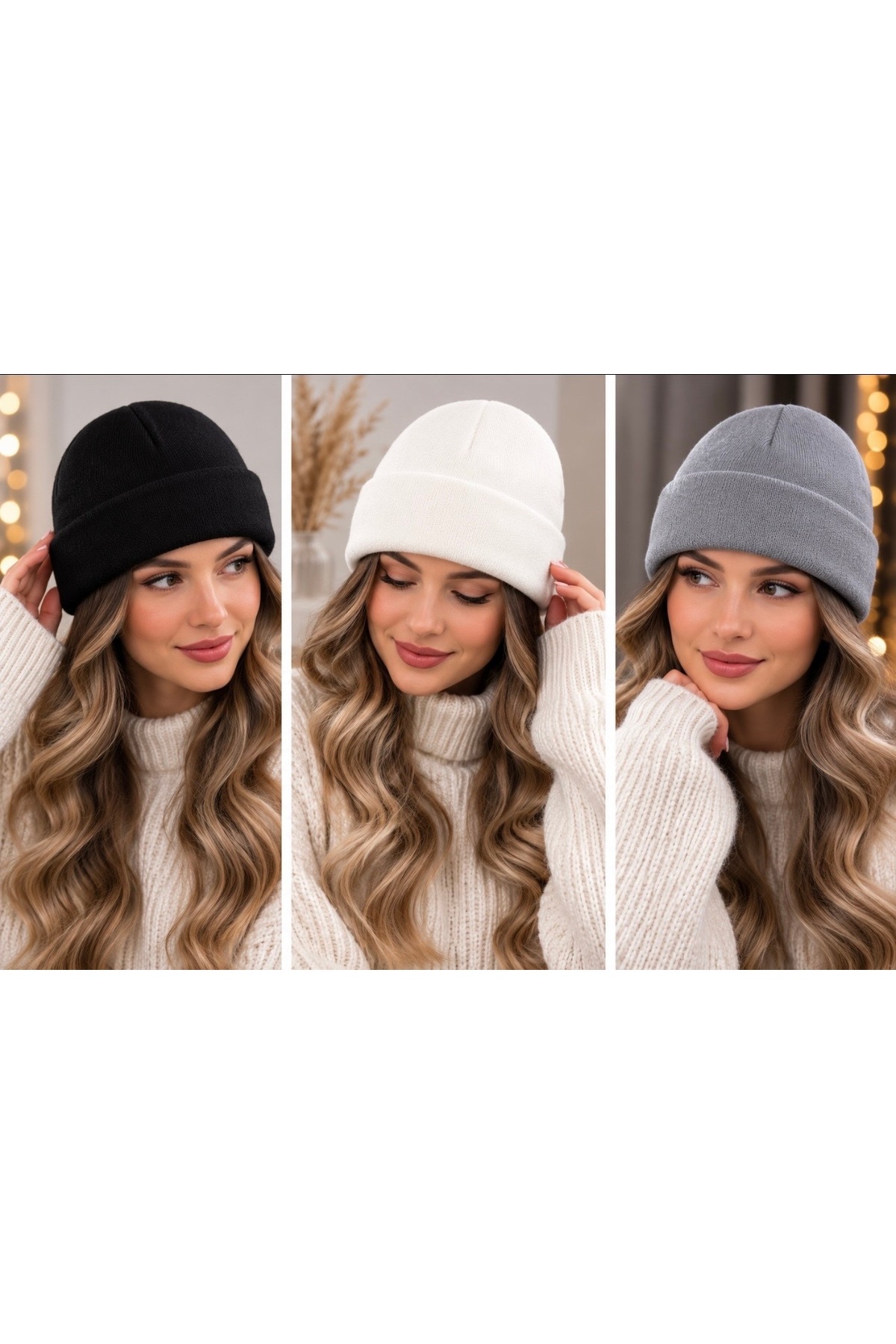 KAR-KIŞ ACCESSORIES UNISEX Siyah-Beyaz-Gri LUX 3’LÜ BERE SET görsel 3