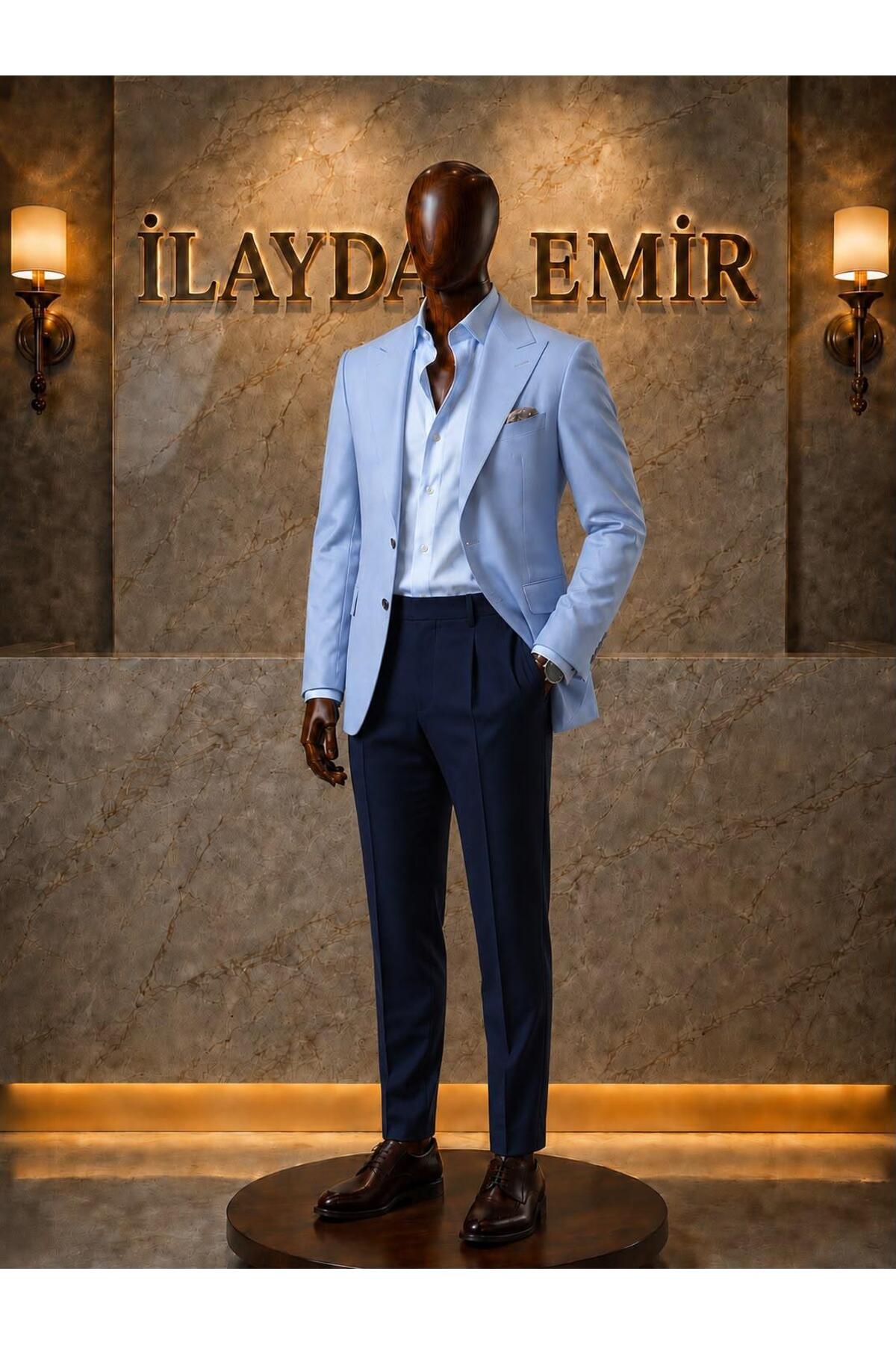 ilayda emir Men's 3 Piece Combination Light Blue Blazer Jacket Shirt Navy Blue Fabric Trousers Slim Fit Stylish Suit