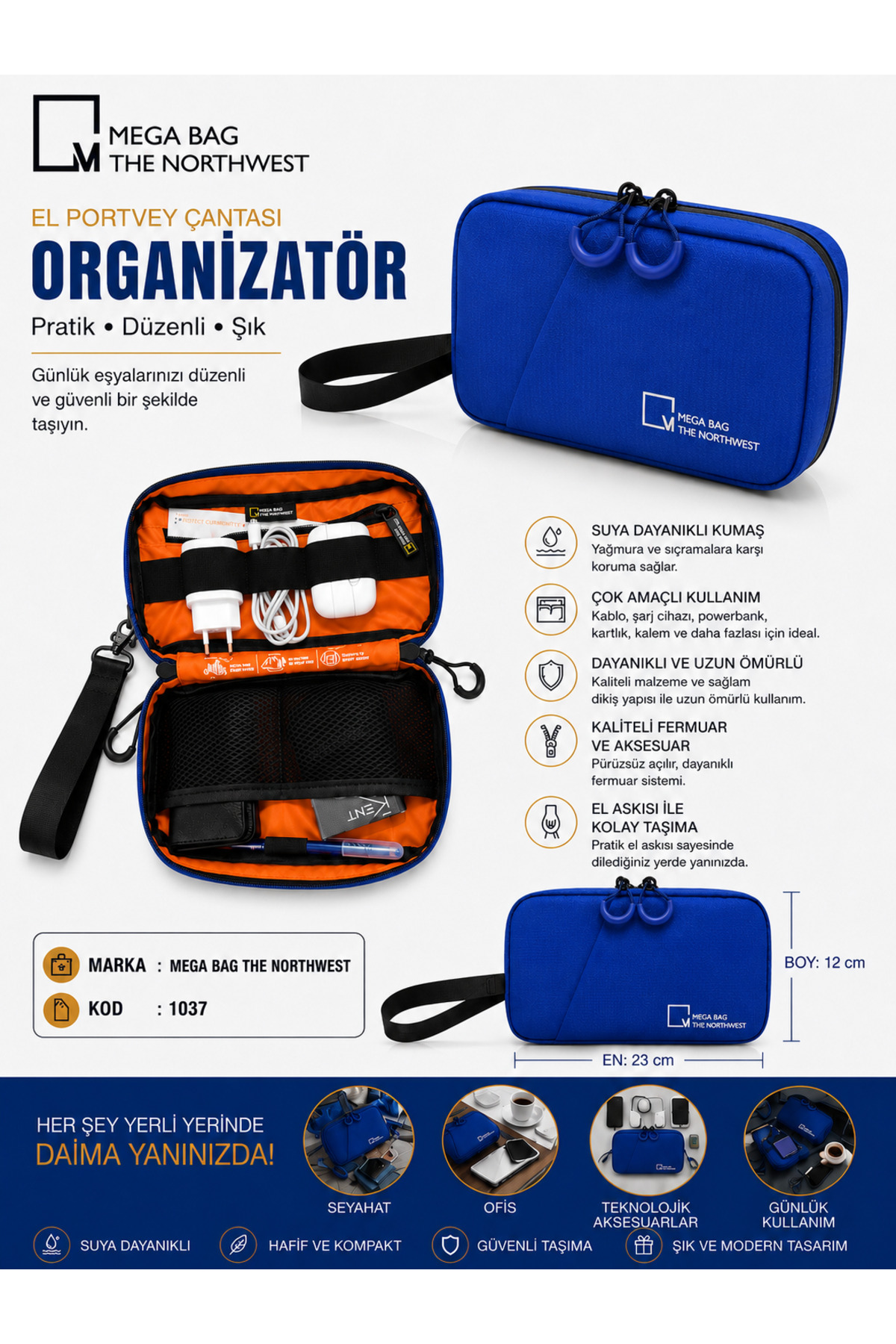 M 1037 Polyester Seyahat Tıraş/ Makyaj Çantası, Organizatör Mavi