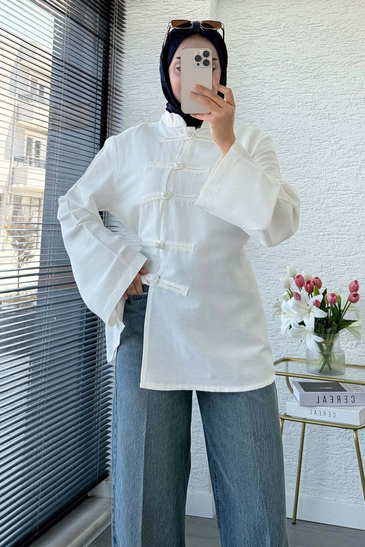 MELEK ARAZ Premium Chinese Buttoned Linen Blouse with Side Slits - White