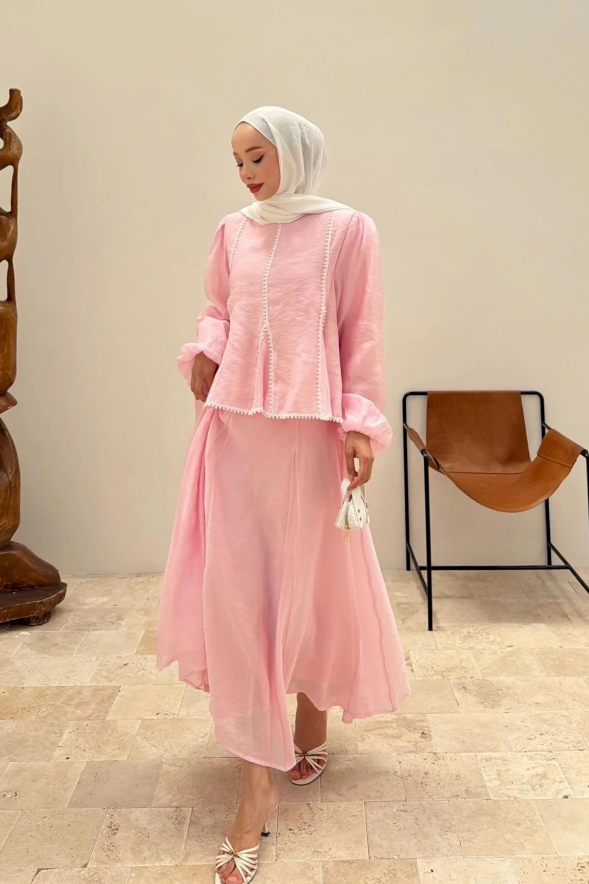 Gülşah collection Pompom Lace Detailed Skirted Double Set - Pink