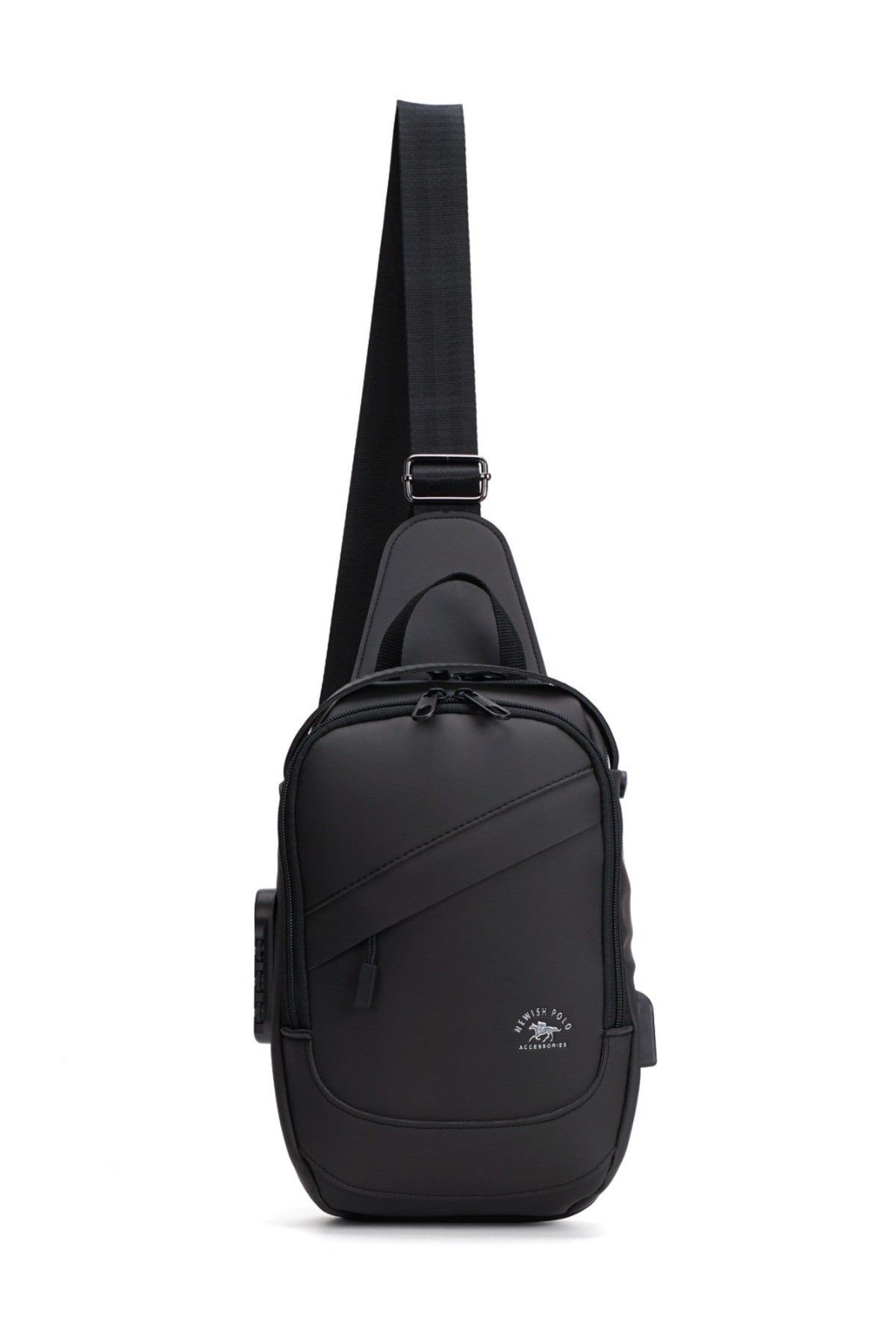 NEWISH POLO ACCESSORIES Vegan Deri Siyah Su Geçirmez Kulaklık Usb Çıkışlı Bel Ve Çapraz Omuz Çanta Göğüs Seyahat