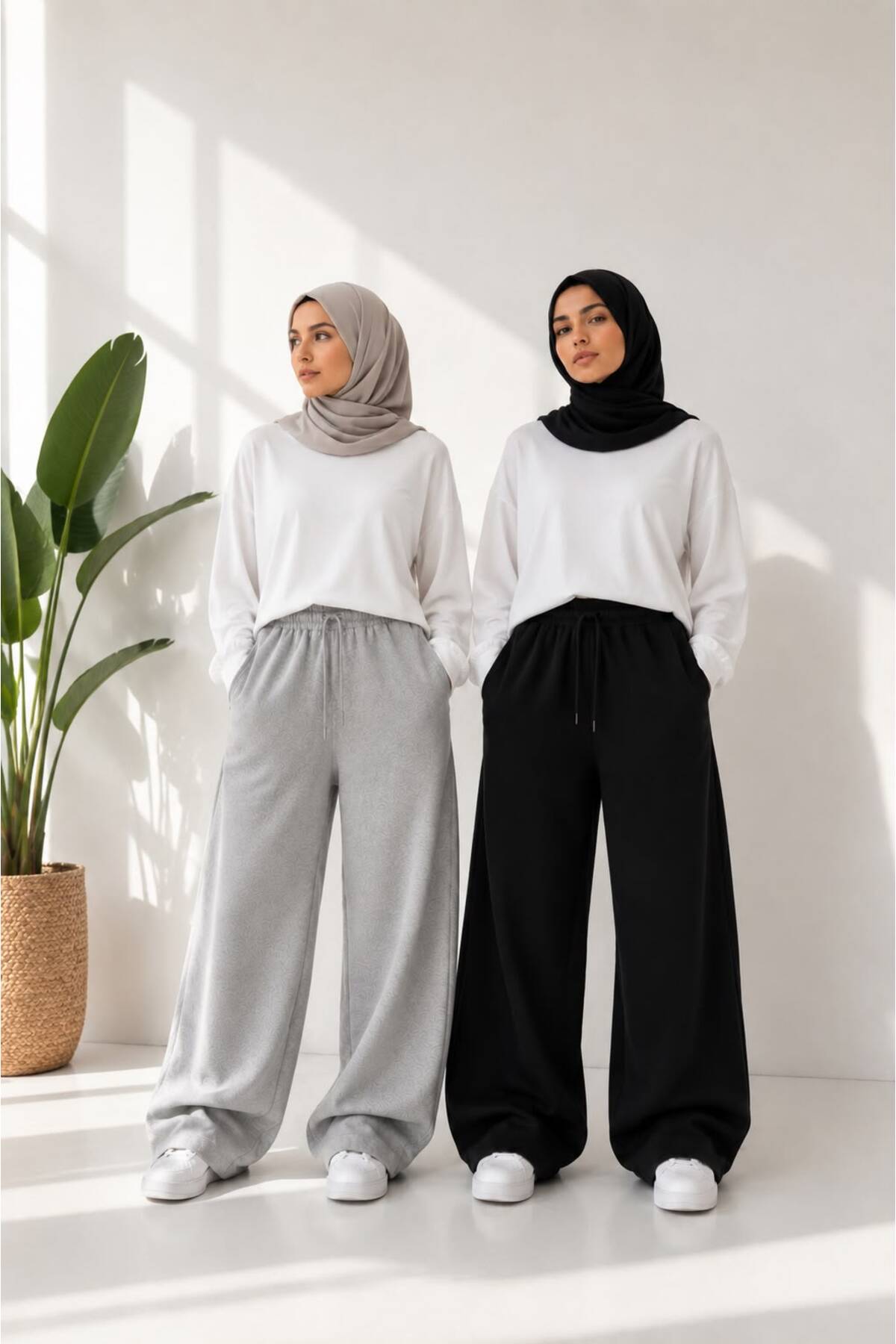 TONFİX LİFE 2 ADET SİYAH/GRİ KADIN TESETTÜR EŞOFMAN ALTI BOL PAÇA YÜKSEK BEL RAHAT KALIP CEPLİ İPLİ SPOR PANTOLON