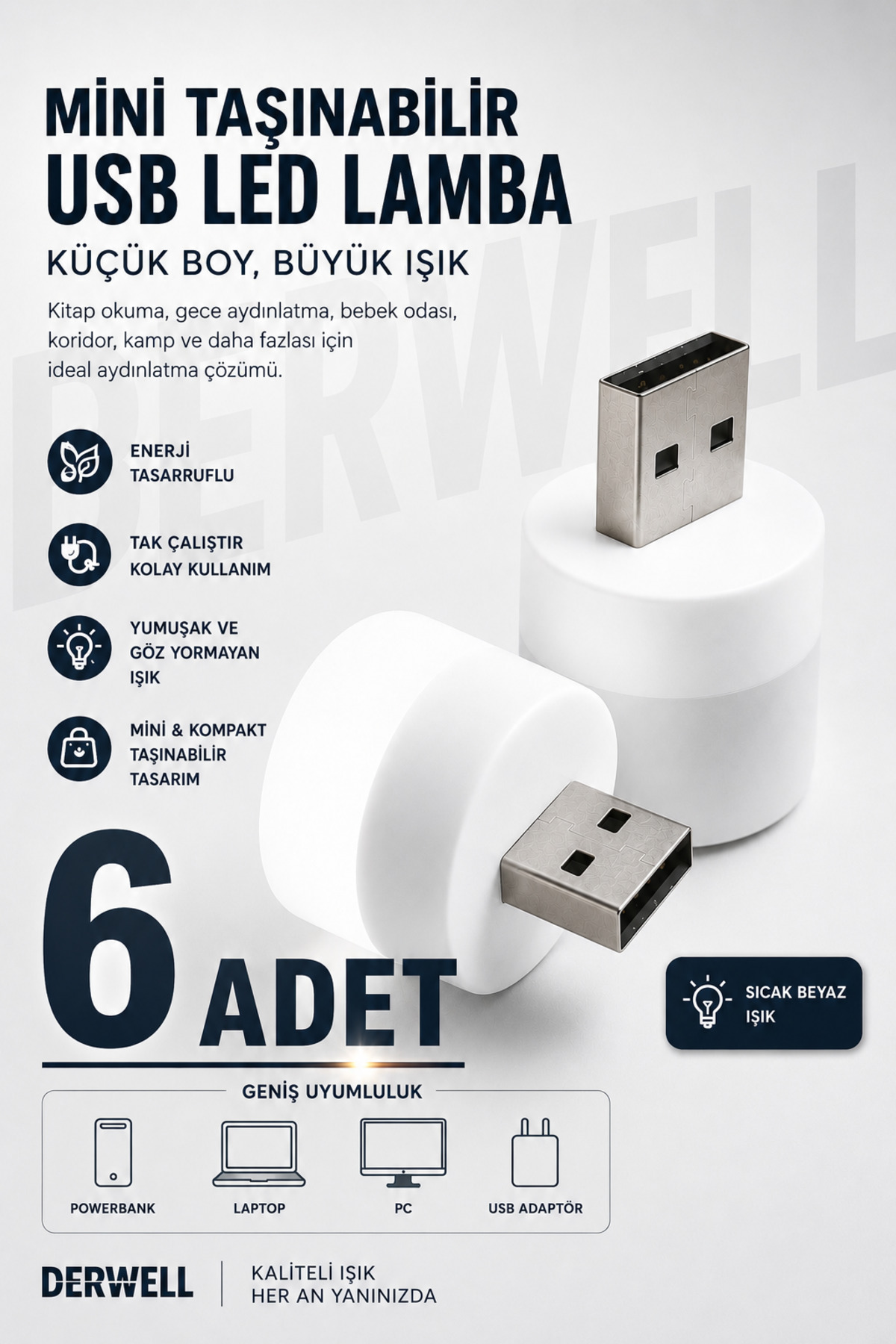 6 ADET - Bebek ve Çocuk Odaları için Mini Taşınabilir USB LED Lamba Powerbank Laptop PC Uyumlu Tak Çalıştır Mikro Gece Aydınlatma Lambası Bebek Odası Koridor Kamp Için Yuvarlak Küçük Kompakt Ampul