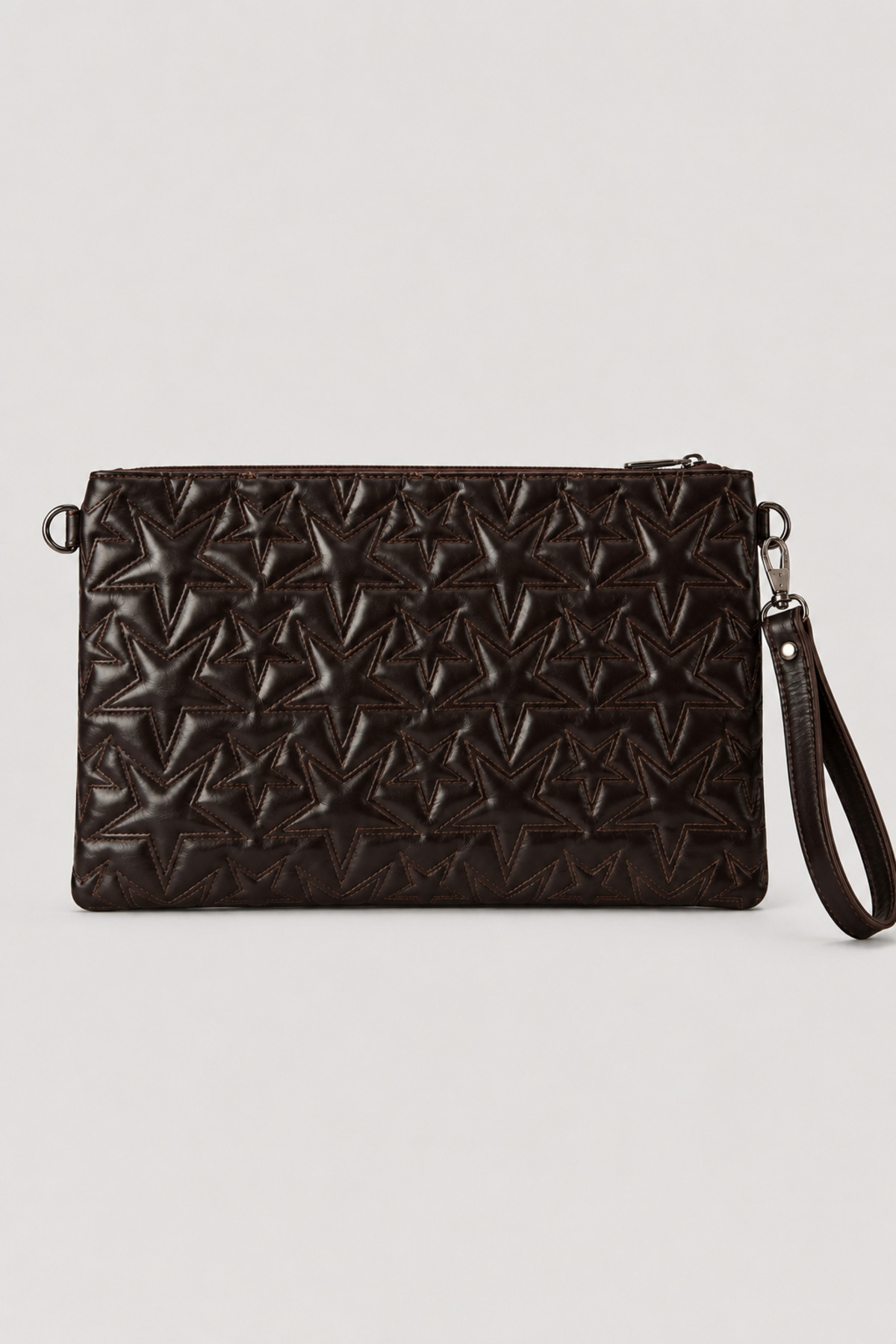 rair Yüksek Kalite Kadın Acı Kahve Yıldız Desenli Holografik Portföy Çanta Clutch– Yıldız Desenli, Bilek Askılı, Fermuarlı ZİNCİR HEDİYELİ