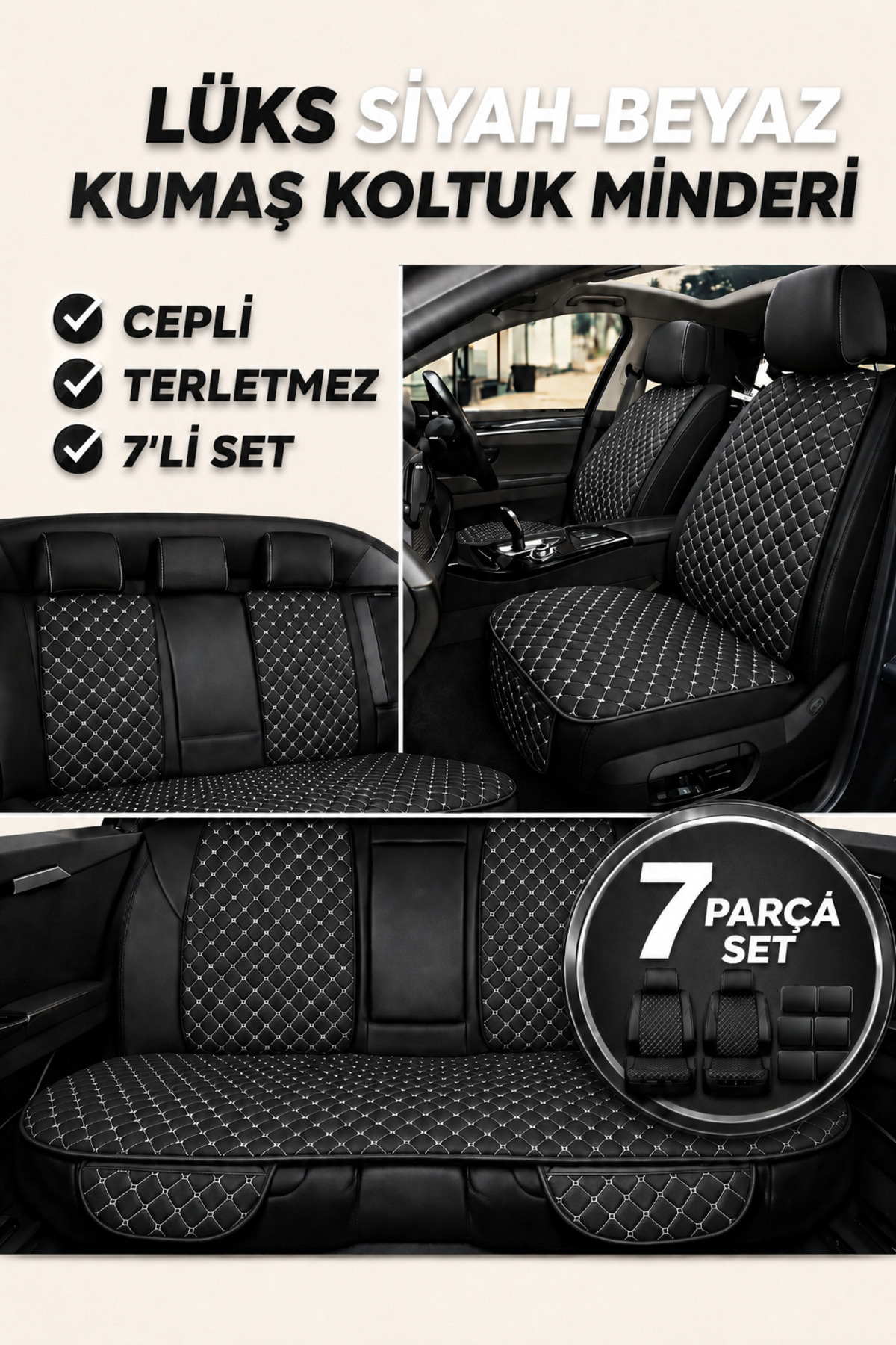 TROBUS Citroen C-Elysée 2018+ 7 Parça Kapitone Desen Kumaş Oto Koltuk Minderi Siyah Beyaz