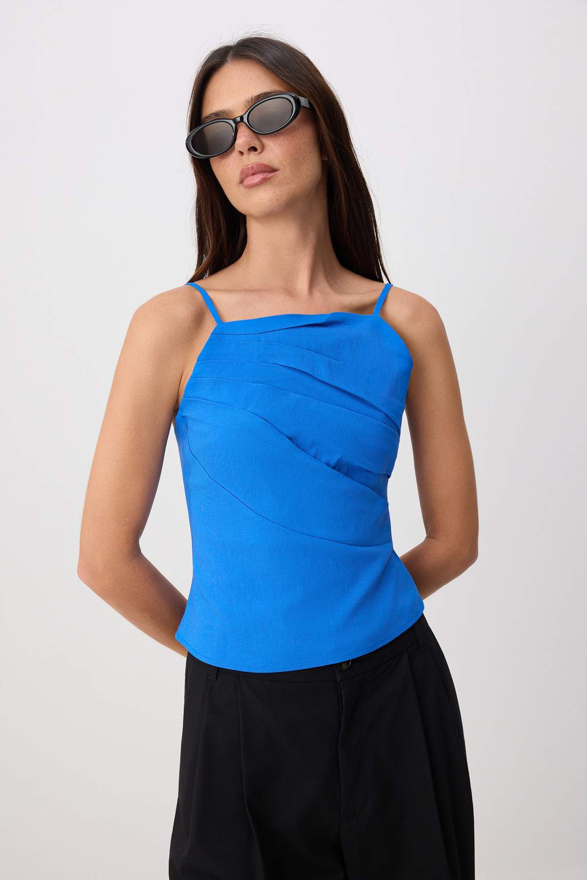 Trendyolmilla Mavi Pili Detaylı Dokuma Bluz TWOSS26BZ00401