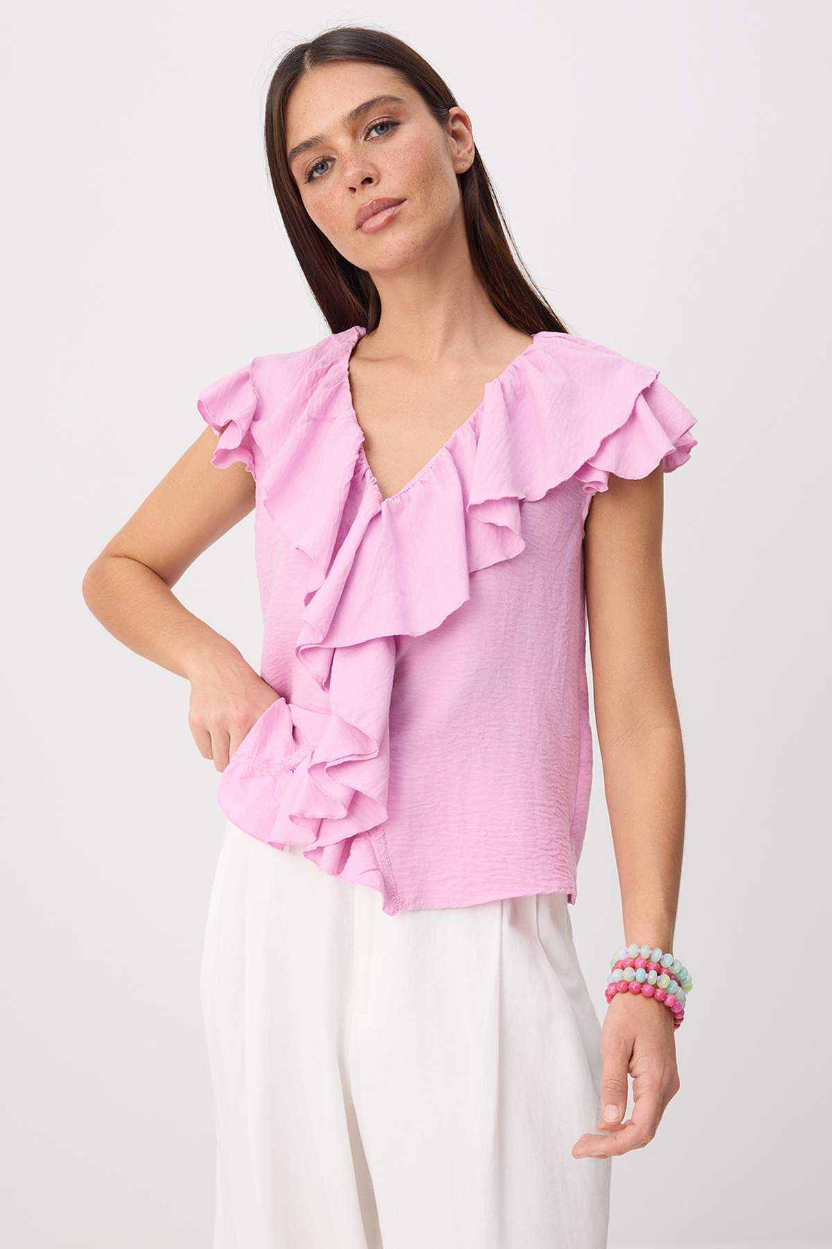 Trendyolmilla Açık Pembe Fırfır Detaylı Dokuma Bluz TWOSS26BZ00766