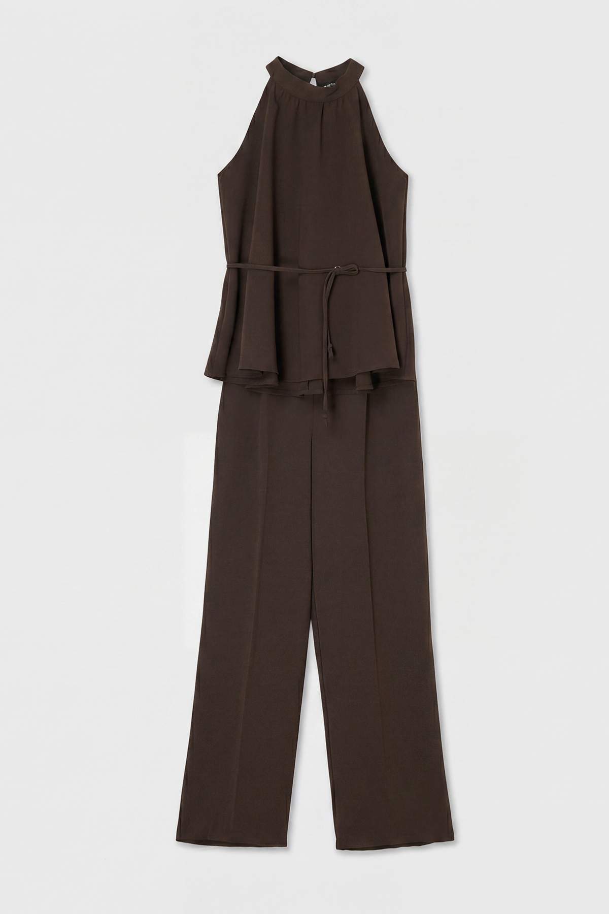 Drop by Trendyolmilla Kahverengi Beli İnce Kuşaklı ve Lastikli Geniş Kesim Bluz Pantolonlu İkili Takım TDRSS26AU00057