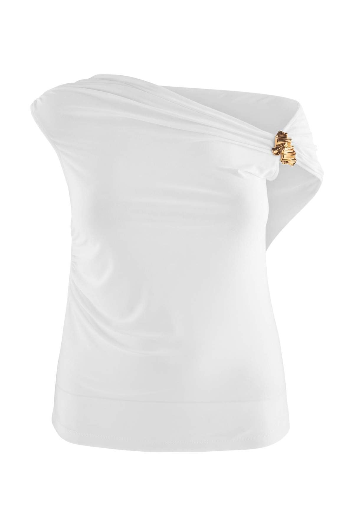 Trendyolmilla Curve Ekru Fitted/Vücuda Oturan Asimetrik Yaka Aksesuarlı Esnek Örme Büyük Beden Bluz TBBSS26AF00177