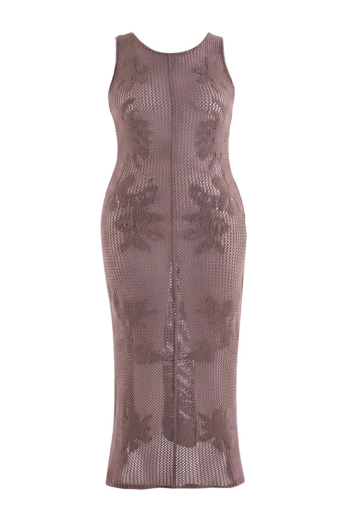 Trendyolmilla Curve Plaj Giyim Vizon Triko Ajurlu Midi Plaj Elbisesi TBBSS26AH00286