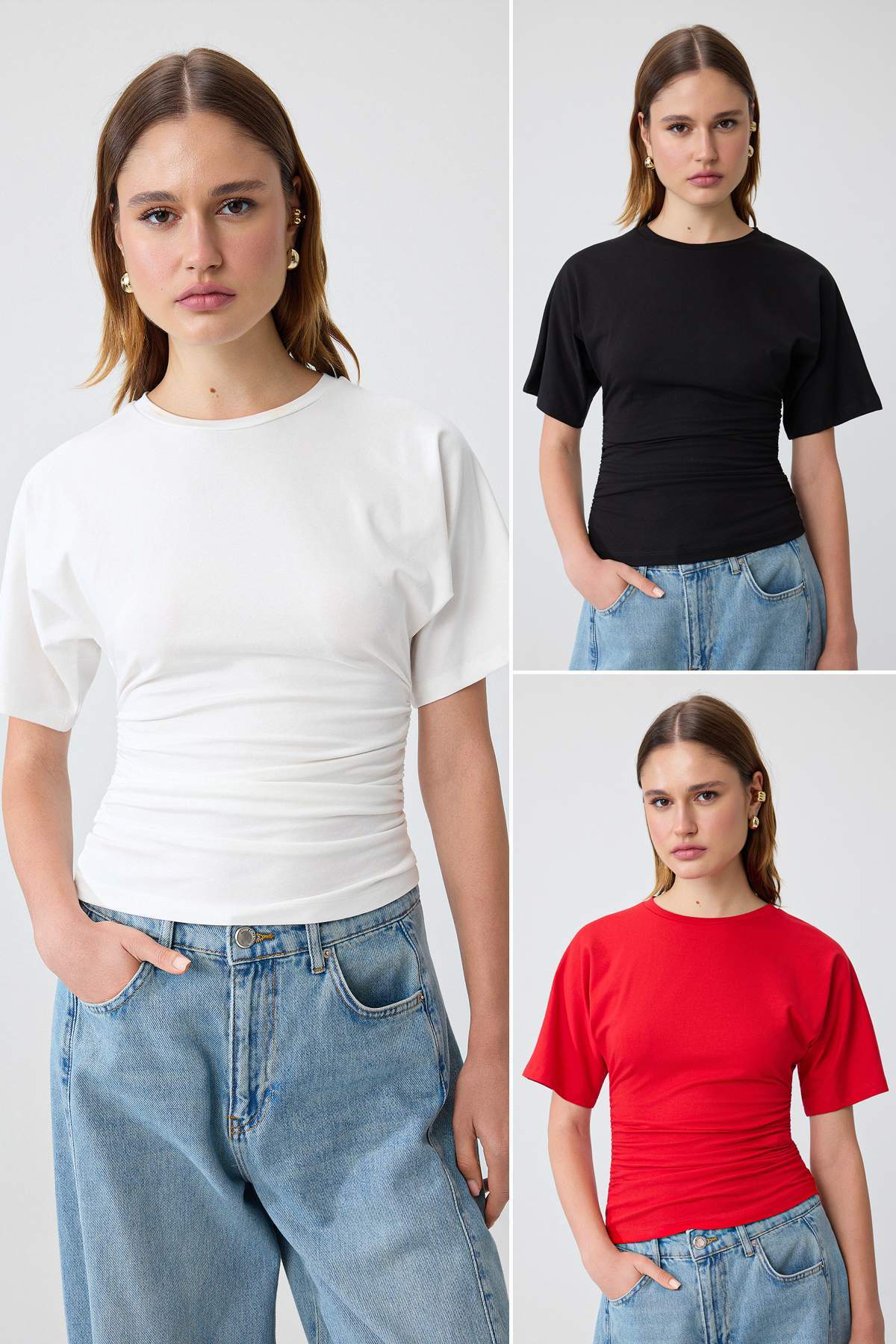 Trendyolmilla 3'lü Paket Siyah-Beyaz-Kırmızı Düz Fitted Büzgülü Pamuklu Esnek Örme T-Shirt TWOSS26TS00319