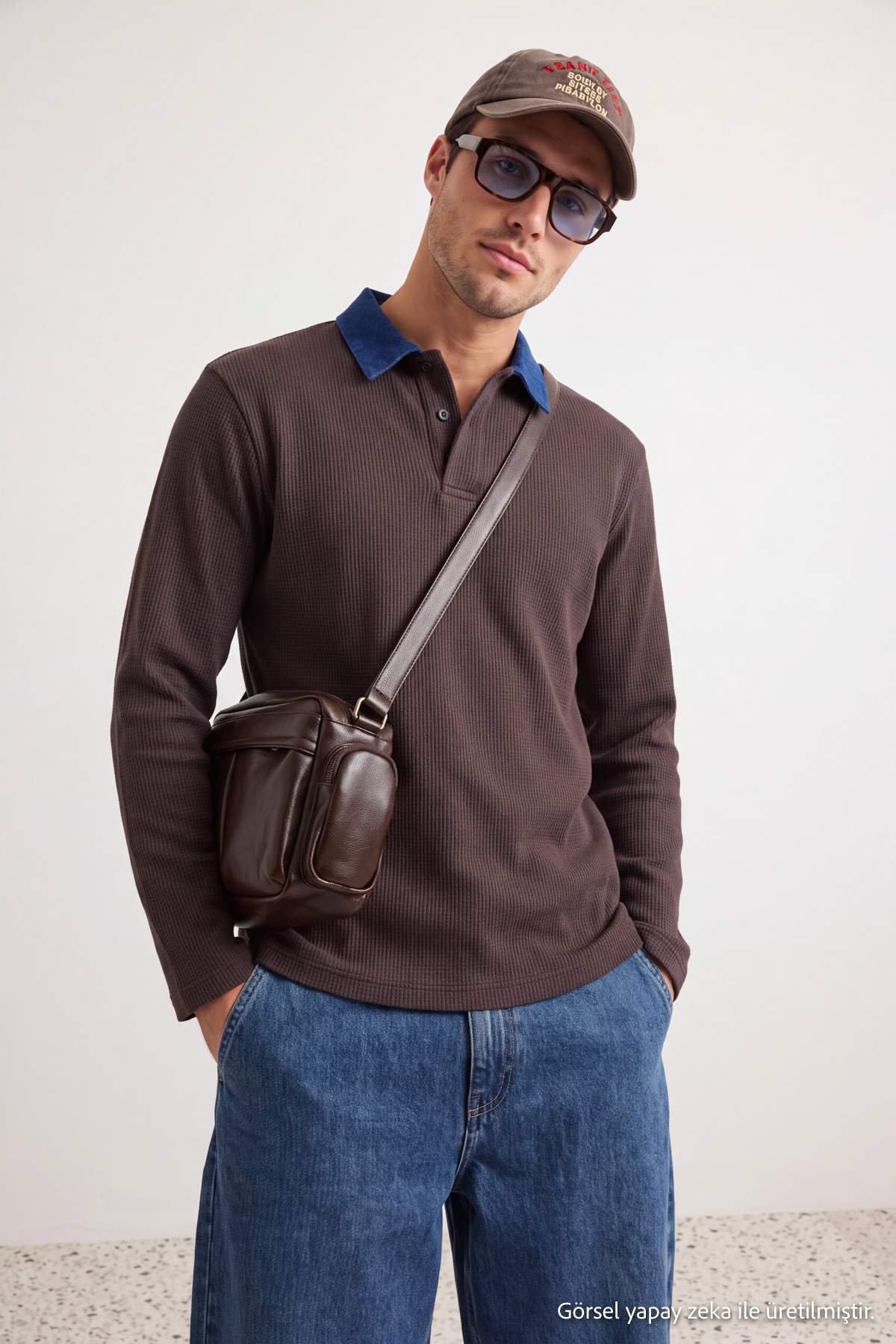 Trendyol Collection Brown Regular Fit Textured Denim Collar Detailed Polo Neck T-Shirt Tmnss26Po00001