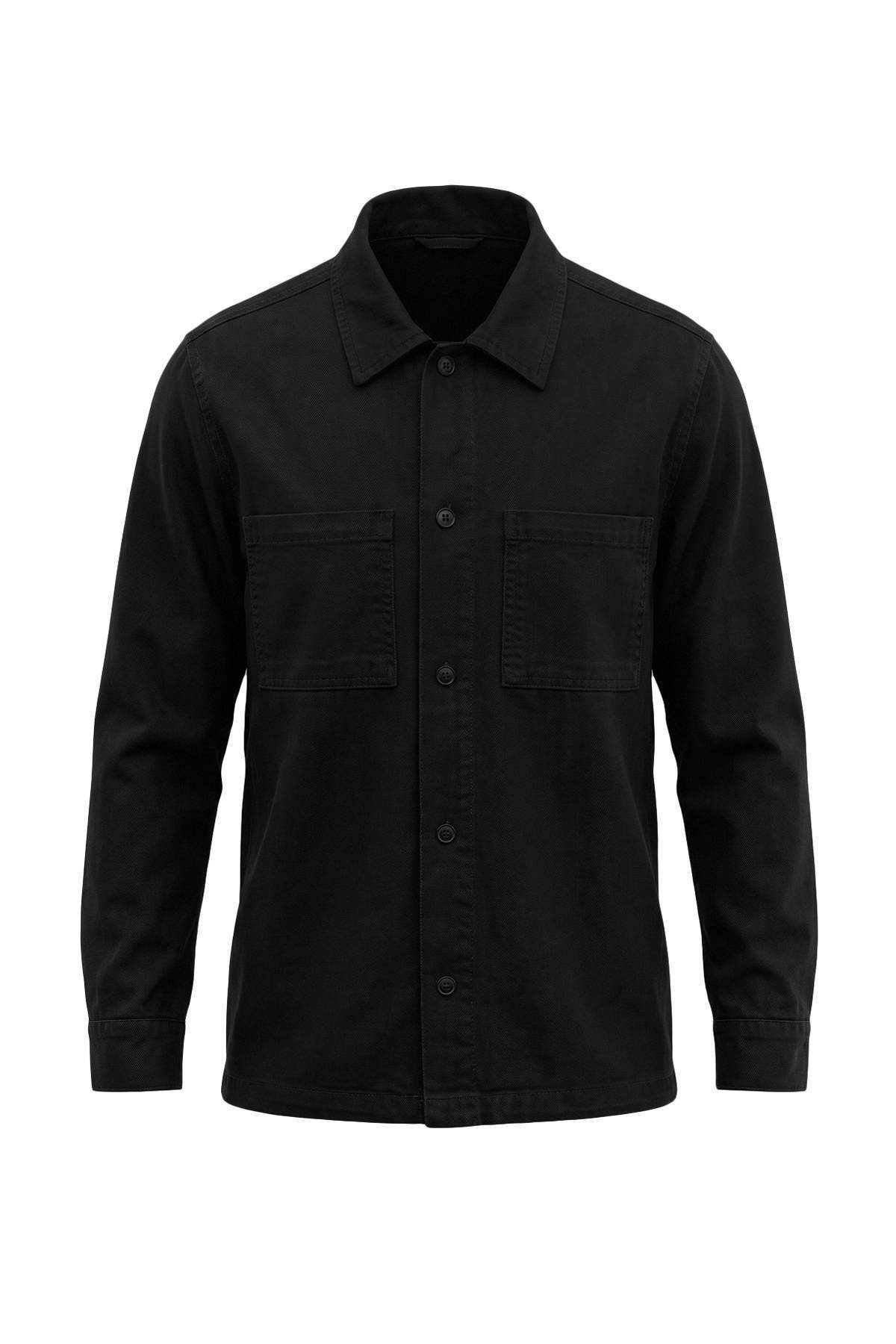 Trendyolmilla Man Siyah Önü Cepli Gabardin Regular Fit Mevsimlik Erkek Dokuma Gömlek Ceket TMNAW27GO00019