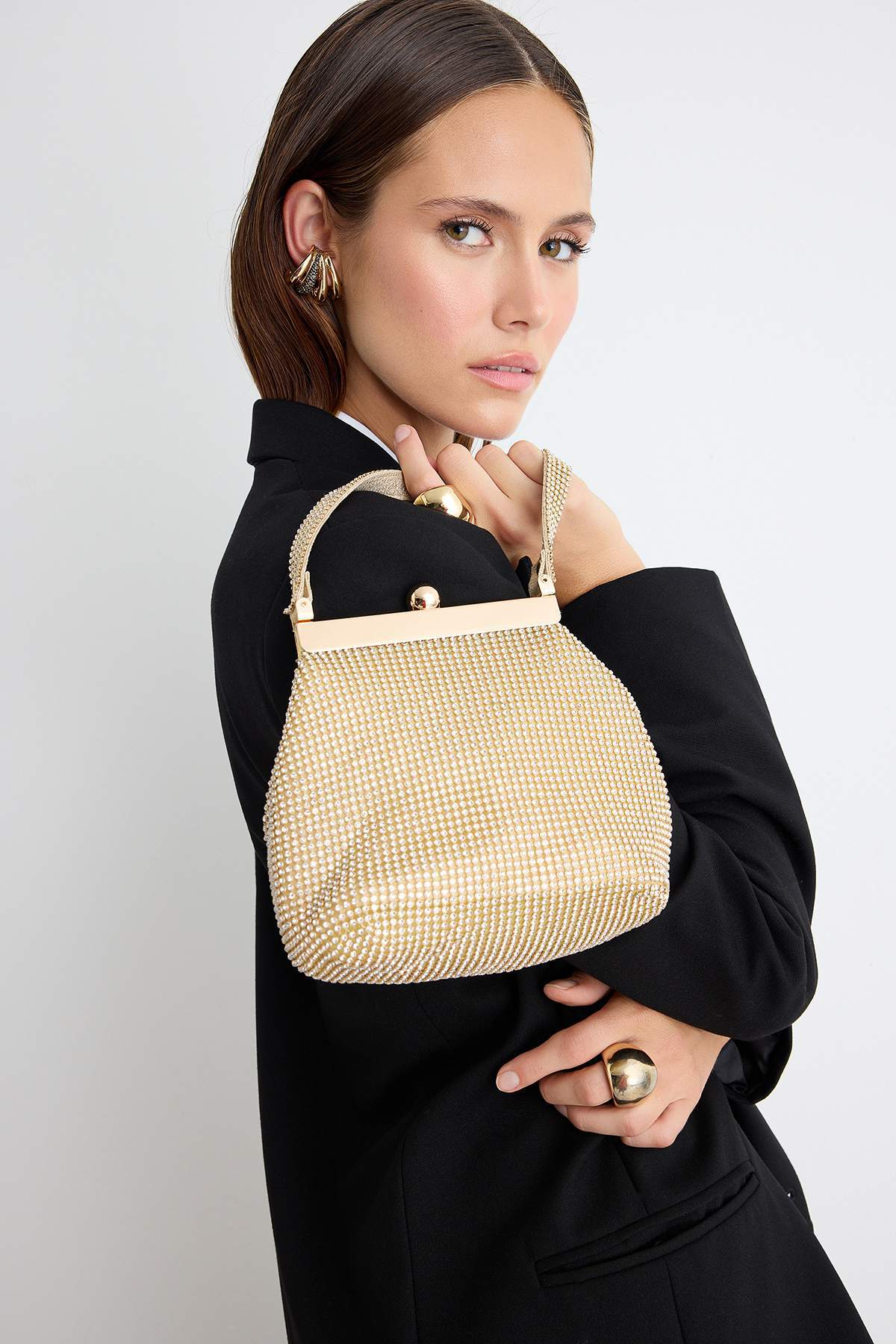Trendyol Shoes Gold Women's Stone Detailed Women's Portfolio & Clutch Bag Takaw27Py00008
