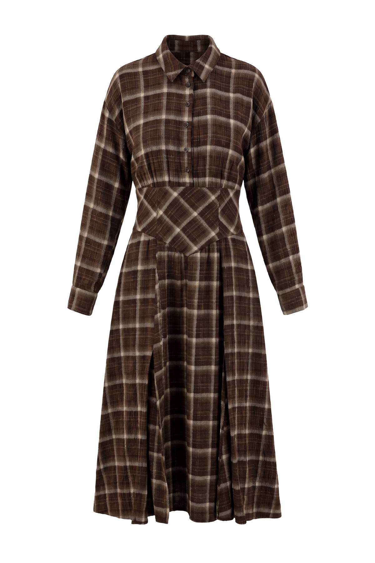 Trendyol Collection Multicolored Shirt Collar Skater/Skirt Waist Open Plaid / Checkered Midi Woven Dress Twoaw27El00081
