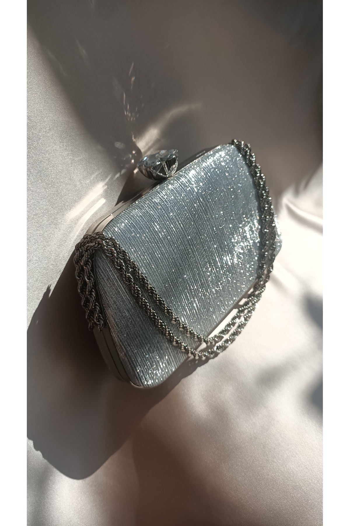 Gül Karatekin Kadın Gümüş Simli Burgu Zincirli Portföy Özel Gün Düğün Nişan Clutch Abiye Çanta görsel 2