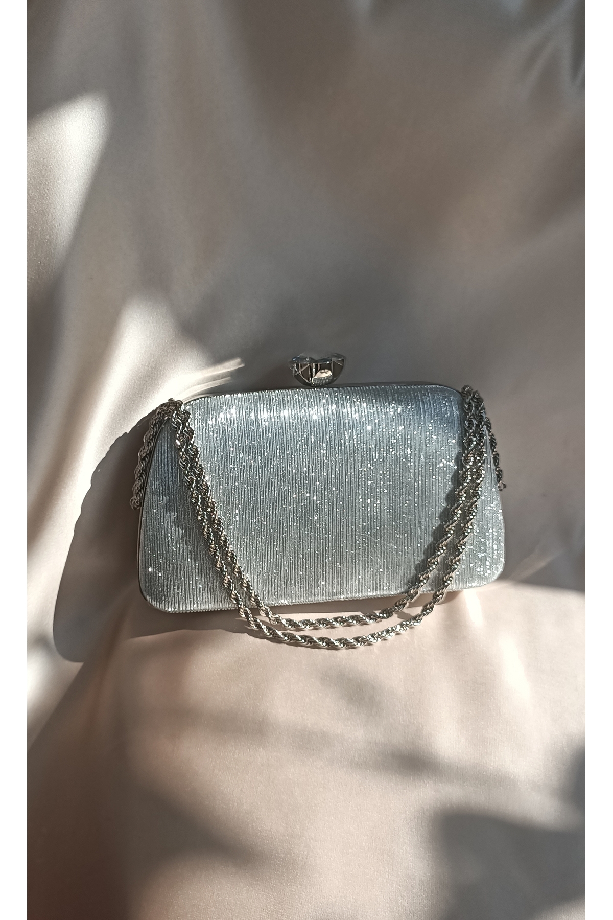 Gül Karatekin Kadın Gümüş Simli Burgu Zincirli Portföy Özel Gün Düğün Nişan Clutch Abiye Çanta görsel 3