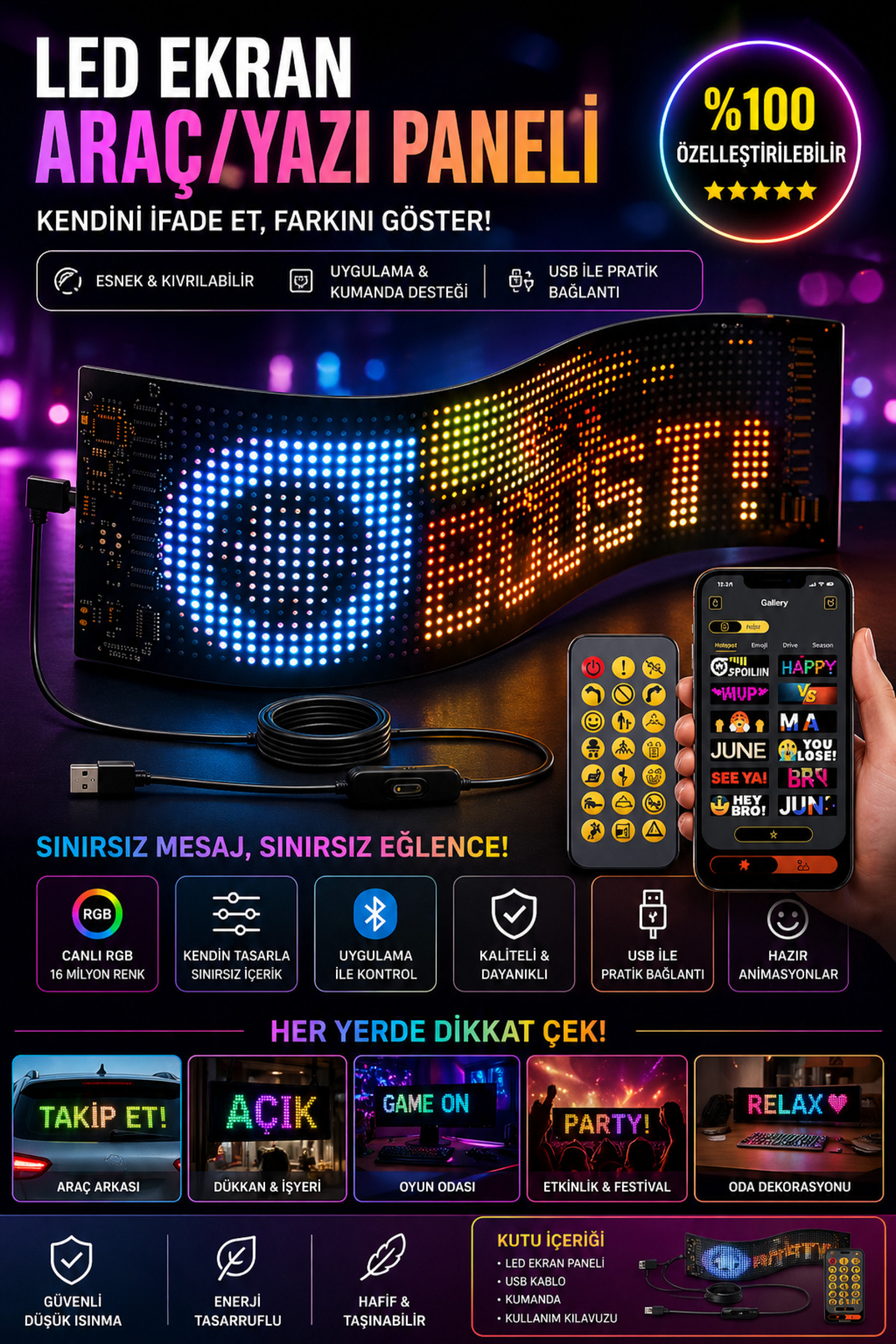 nextbuy Araç İçi RGB Led Ekran Matrix Kayan Yazı/Emoji Panel App