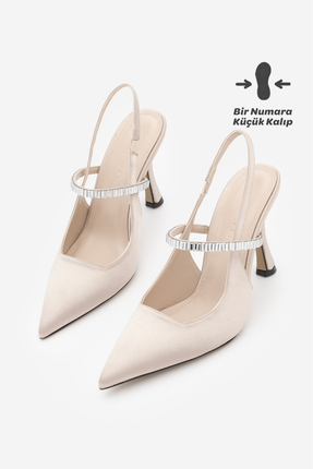 Marjin Kadın Stiletto Sivri Burun Bantlı Taşlı Arkası Açık Atkılı Topuklu Aya...