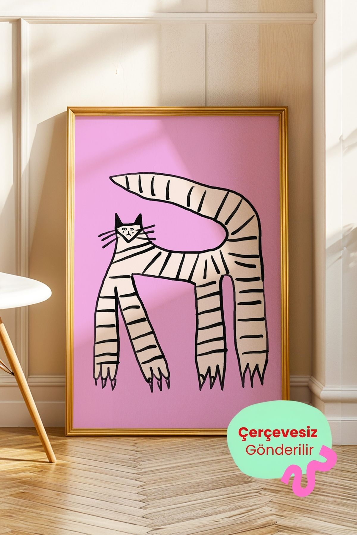 Pembe Çizgili Kedi Tablo Modern Poster Duvar Dekoru Çerçevesiz