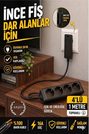 Aryes 4’lü Topraklı Uzatma Kablosu 1 Metre Siyah İnce Fiş Tam Bakır Kablo 16A...