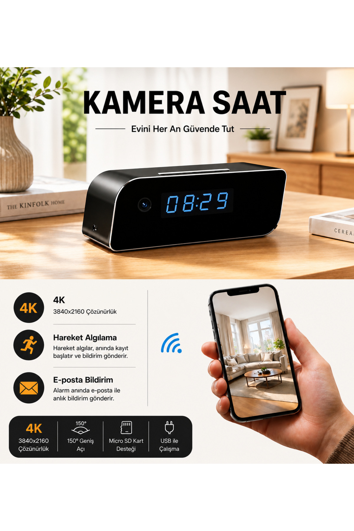 intermax 4K Wifi Kamera Bebek Bakıcı Güvenlik Kamerası 1080P Masa Üstü Saat Gizli Kamera
