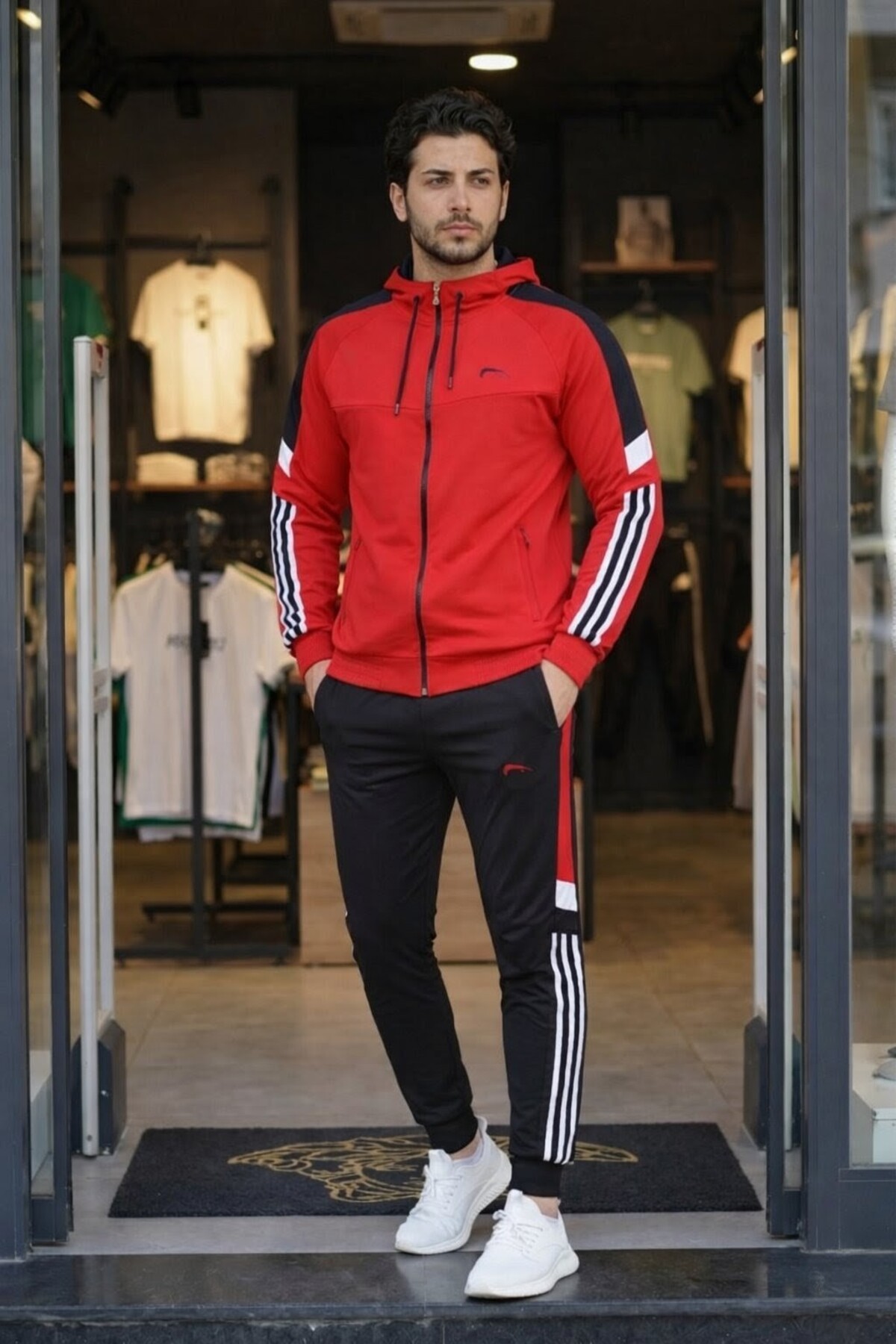 wera Erkek, Kırmızı-Siyah,Dalgıç Kumaş, Şerit Detaylı, Kapüşonlu Slim Fit Eşofman Takımı