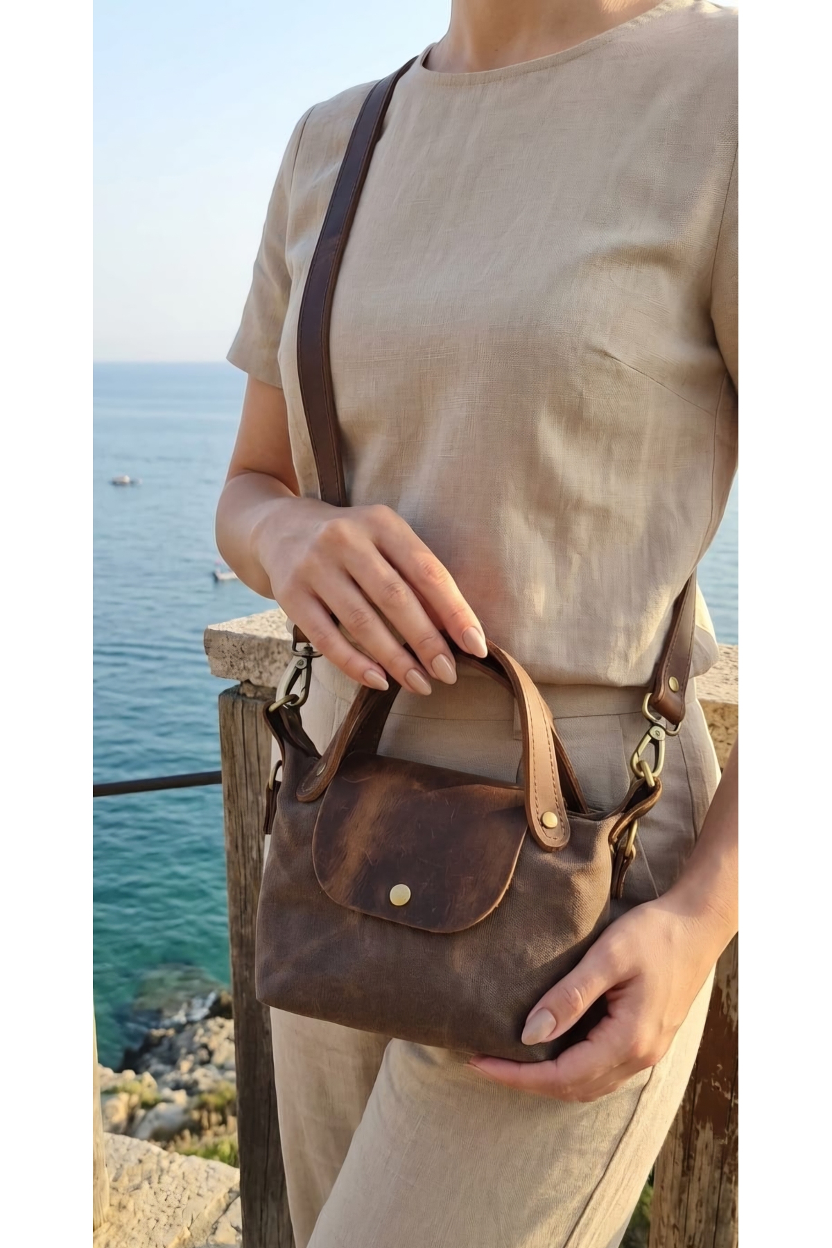 Genuine Leather & Canvas Mini Tote Bag (Brown Canvas & Brown Leather Cover)