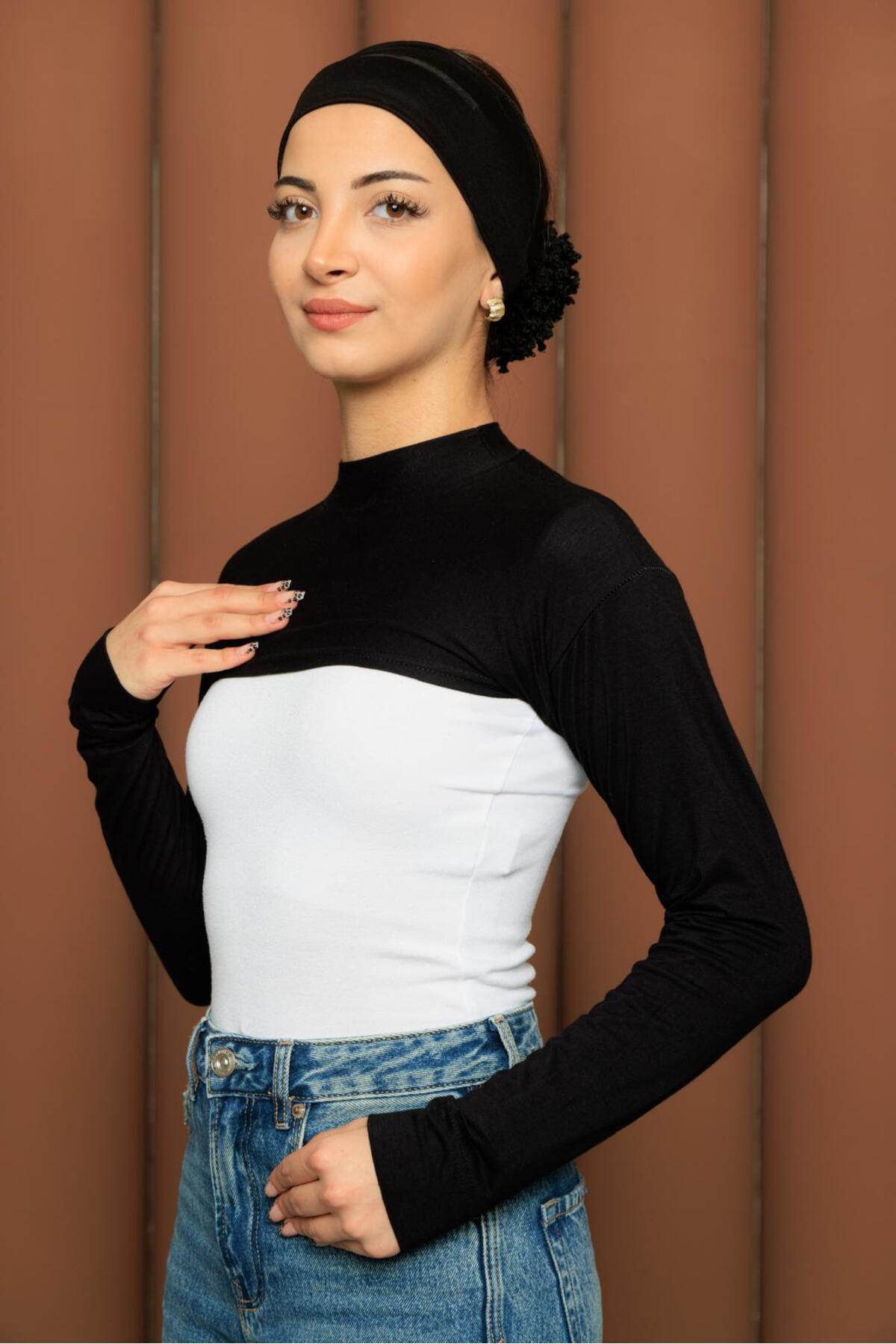 Modamelita Tesettür Boyunluklu Kolluk Balıkçı Yakalı Crop Siyah kolluk boyunluk bone görsel 2