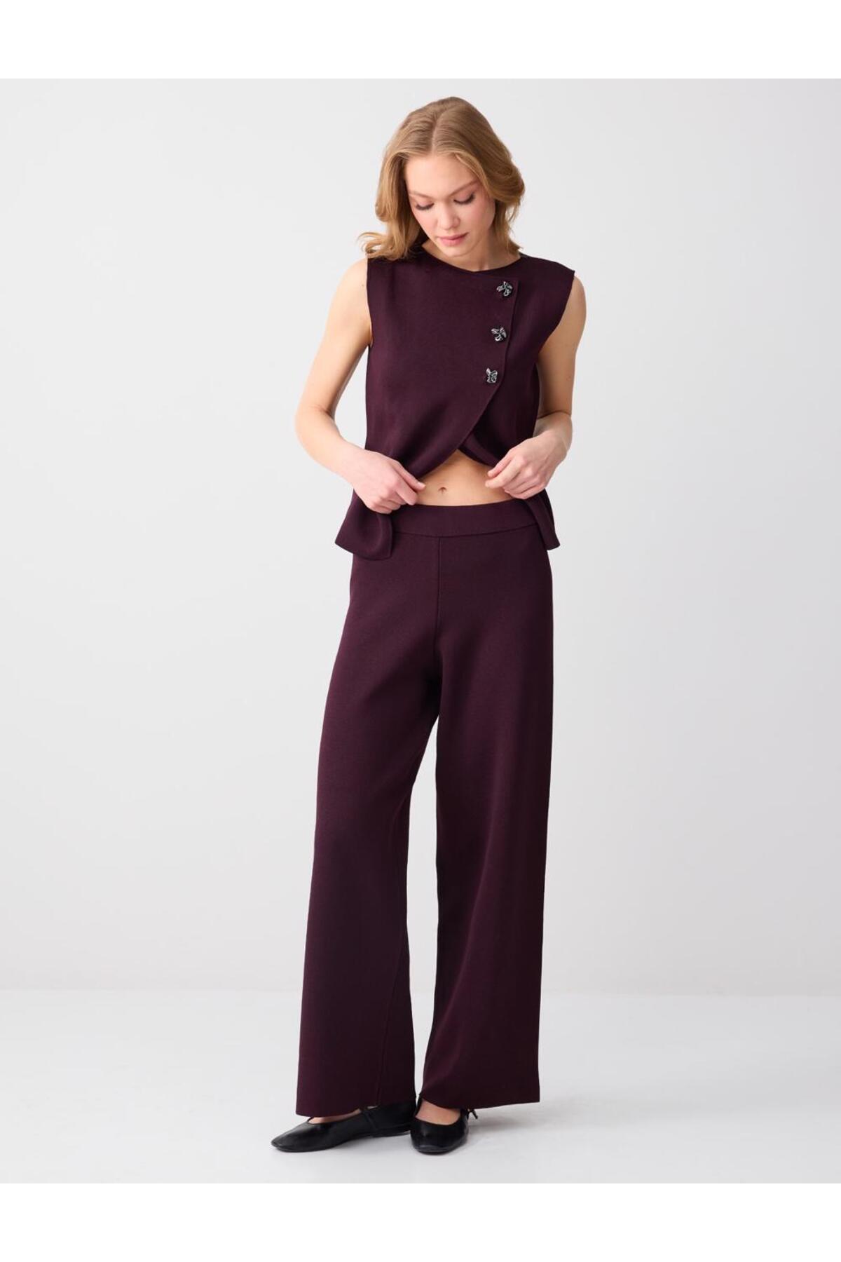 Burgundy Normal Leg Normal Waist Elastic Knitwear Pants