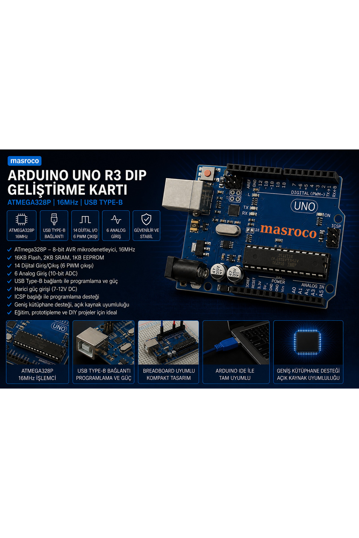 Arduino UNO R3 DIP ATmega328P CH340G (Header + USB Kablo Dahil ...