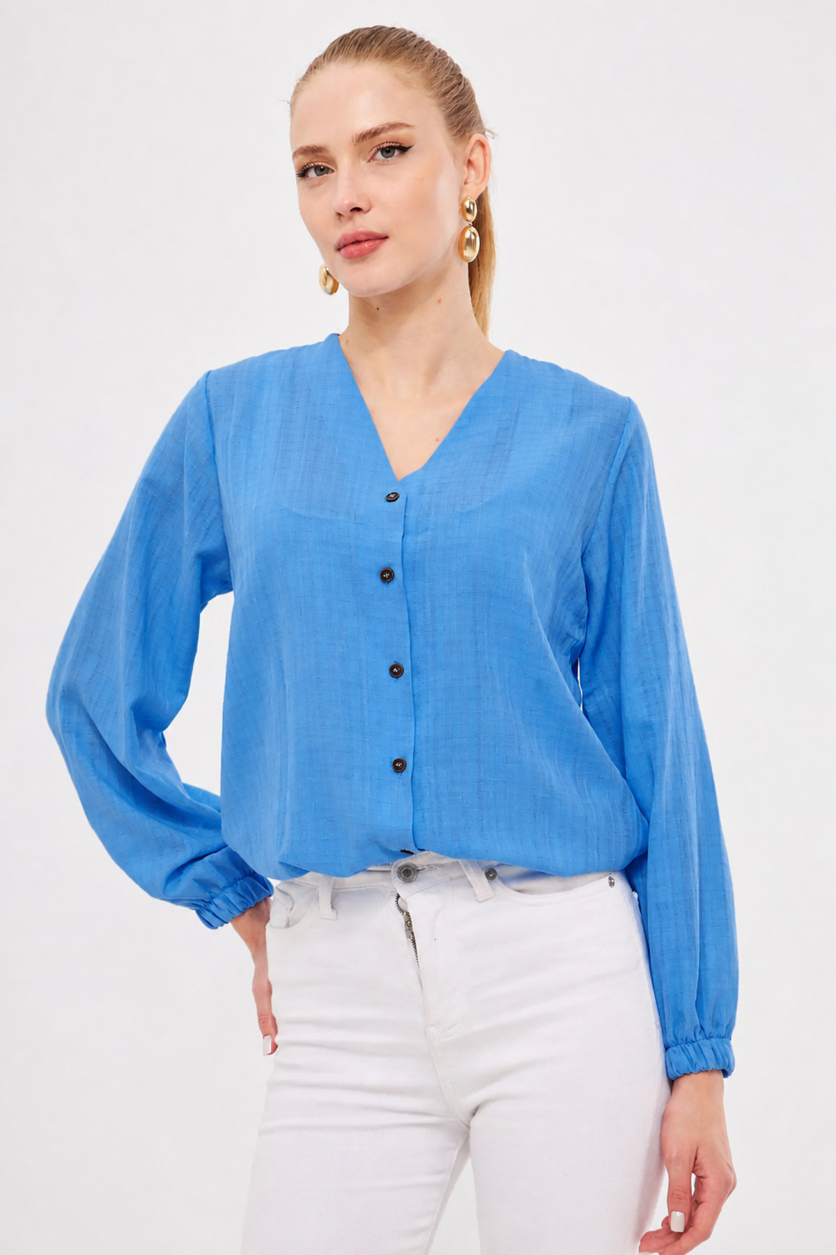 Women's Baby Blue Sleeve Elastic Burdock Shirt ARM-24K001002