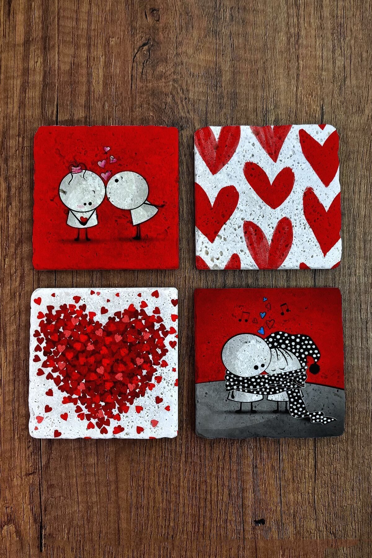 Natural Stone Coaster Valentine's Day Gift Set of 4