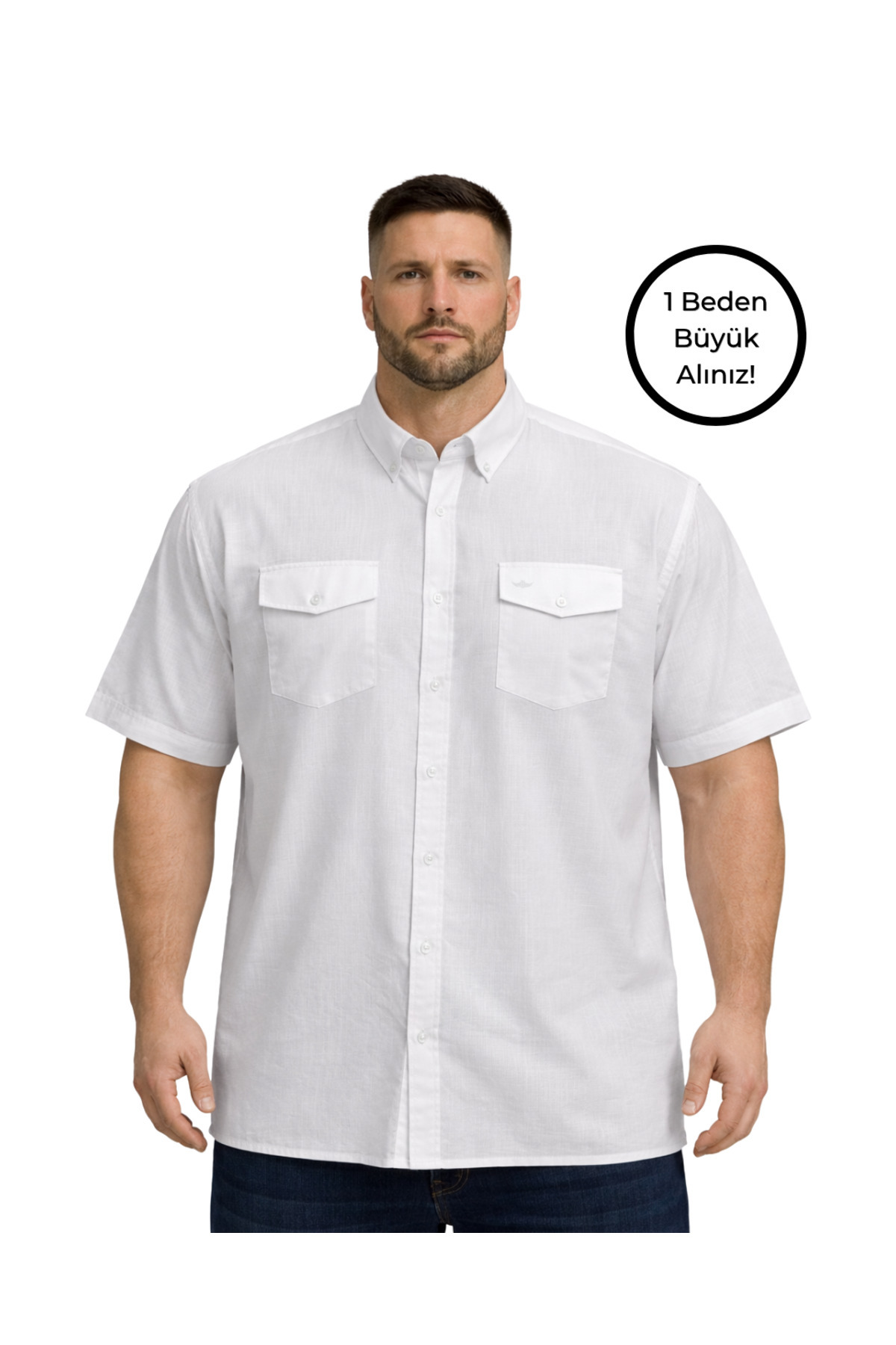 BattalModa Erkek Büyük Beden Beyaz Çift Cepli Kısa Kollu Gömlek 3XL-4XL-5XL-6XL-7XL-8XL