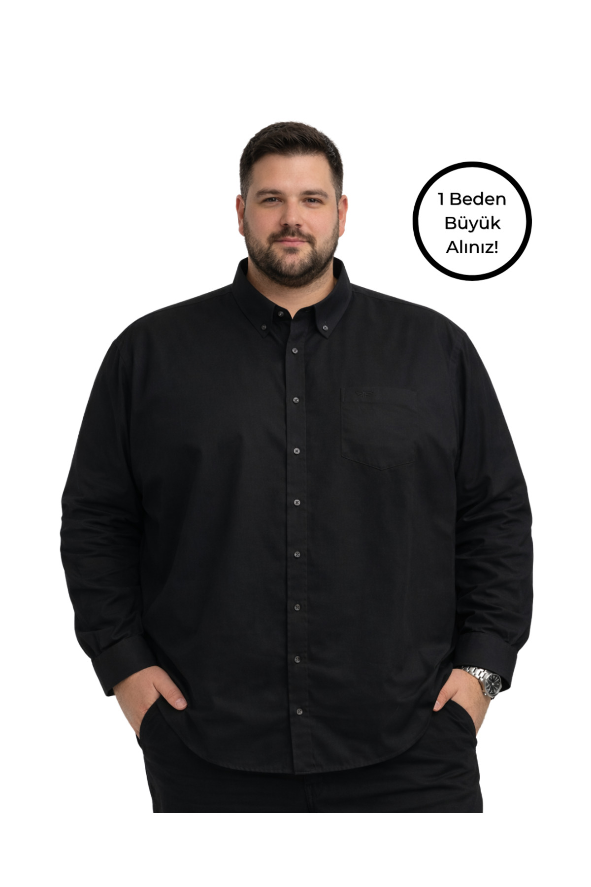 BattalModa Erkek Büyük Beden Siyah Uzun Kollu Gömlek 3XL-4XL-5XL-6XL-7XL-8XL