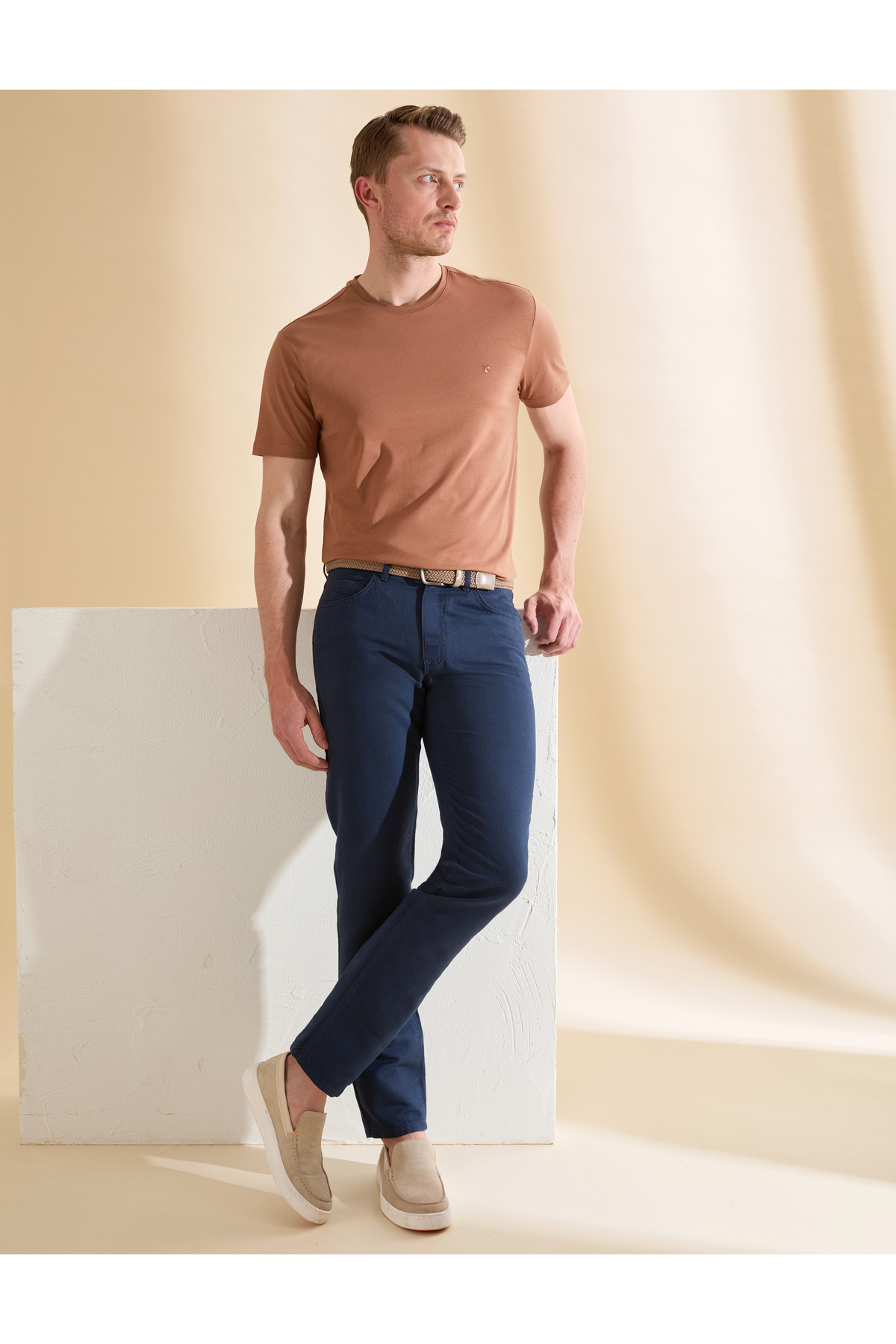 Pierre Cardin Navy Blue Slim Fit Linen Blend Canvas Trousers 50268095-Vr033