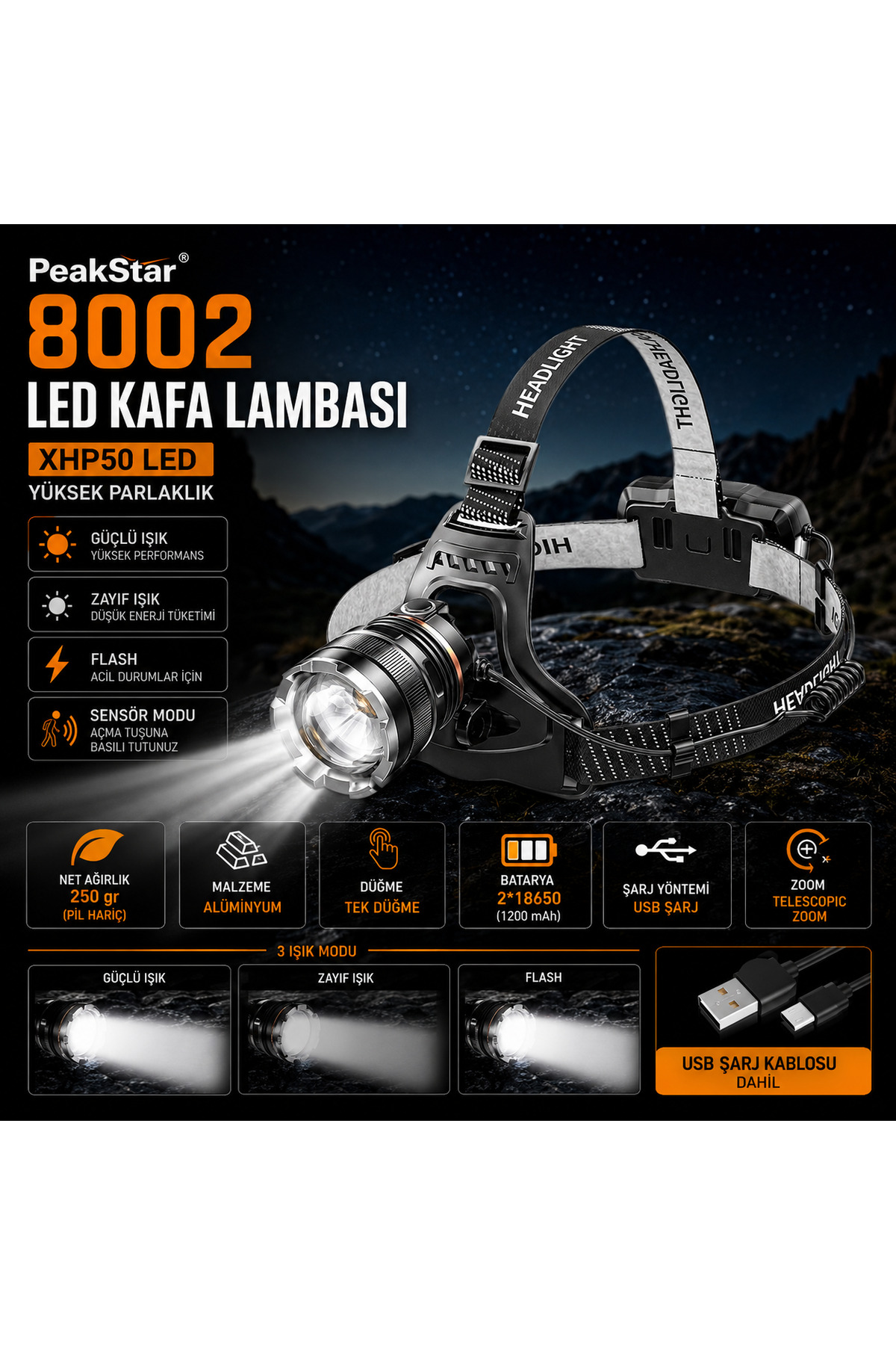 PeakStar PS-8002 Sensörlü Zoomlu Profesyonel 3000 Lümen Xhp50 Led