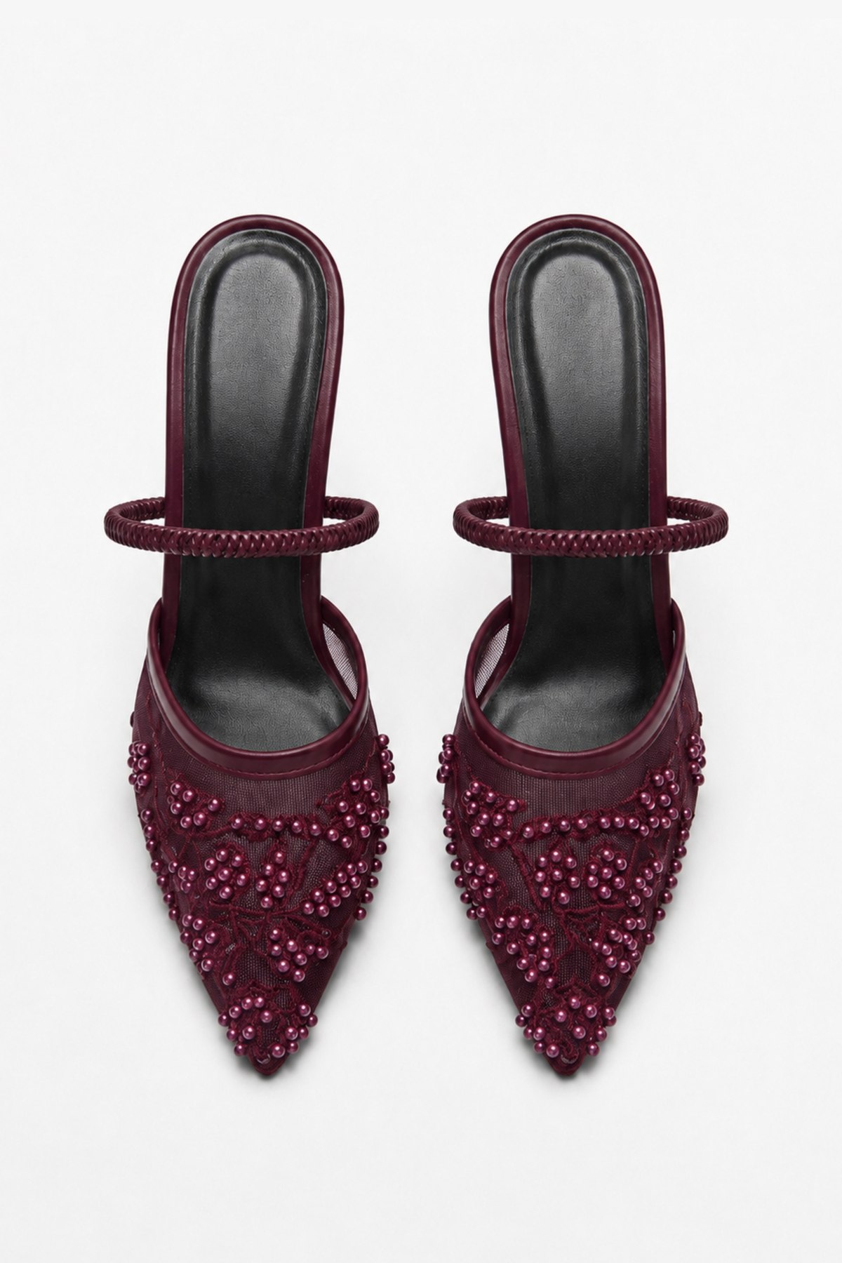 BonuStep Calista Kadın Bordo Dantelli File Nakış Ve Boncuk Detaylı Topuklu Ayakkabı 9cm görsel 4