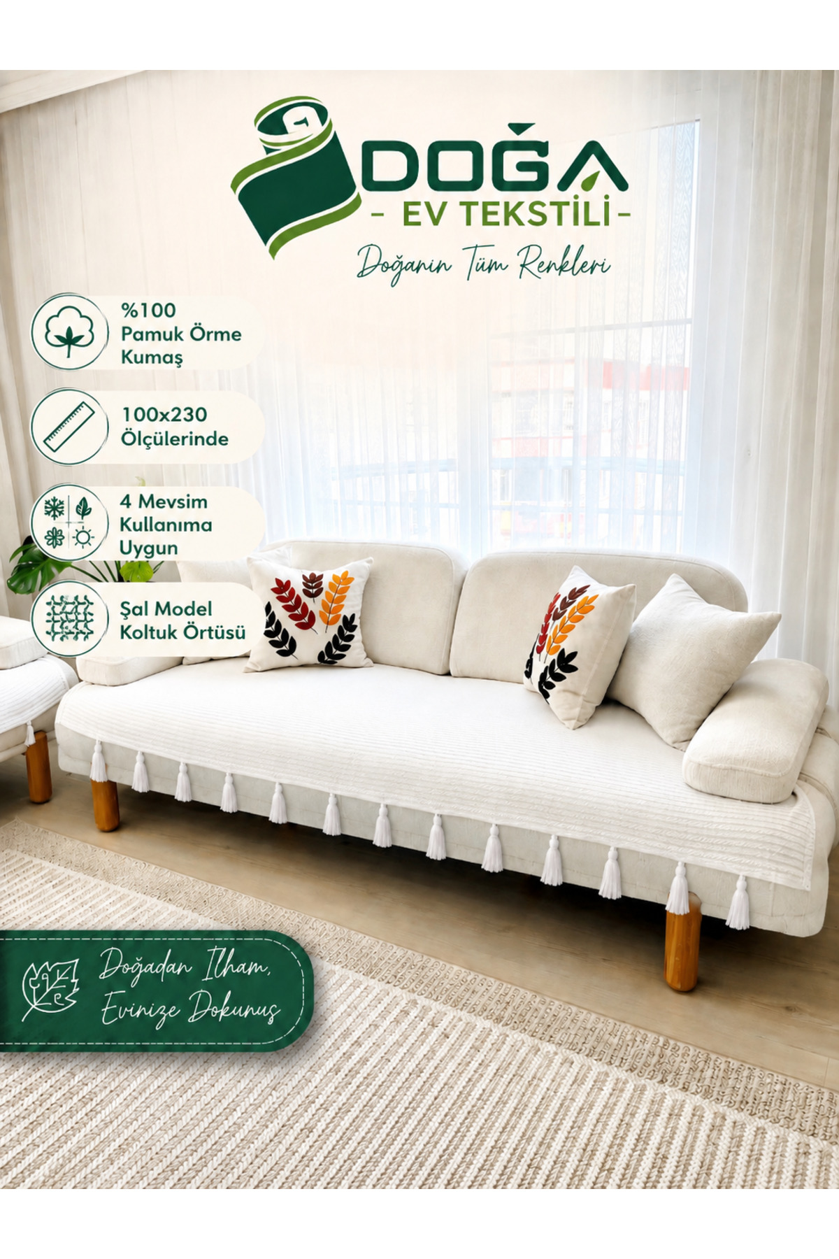 Fringed Shawl Model White Seat Cover 100x230 | 100% Cotton Knitted, Anti-Slip, Decorative Home Textile