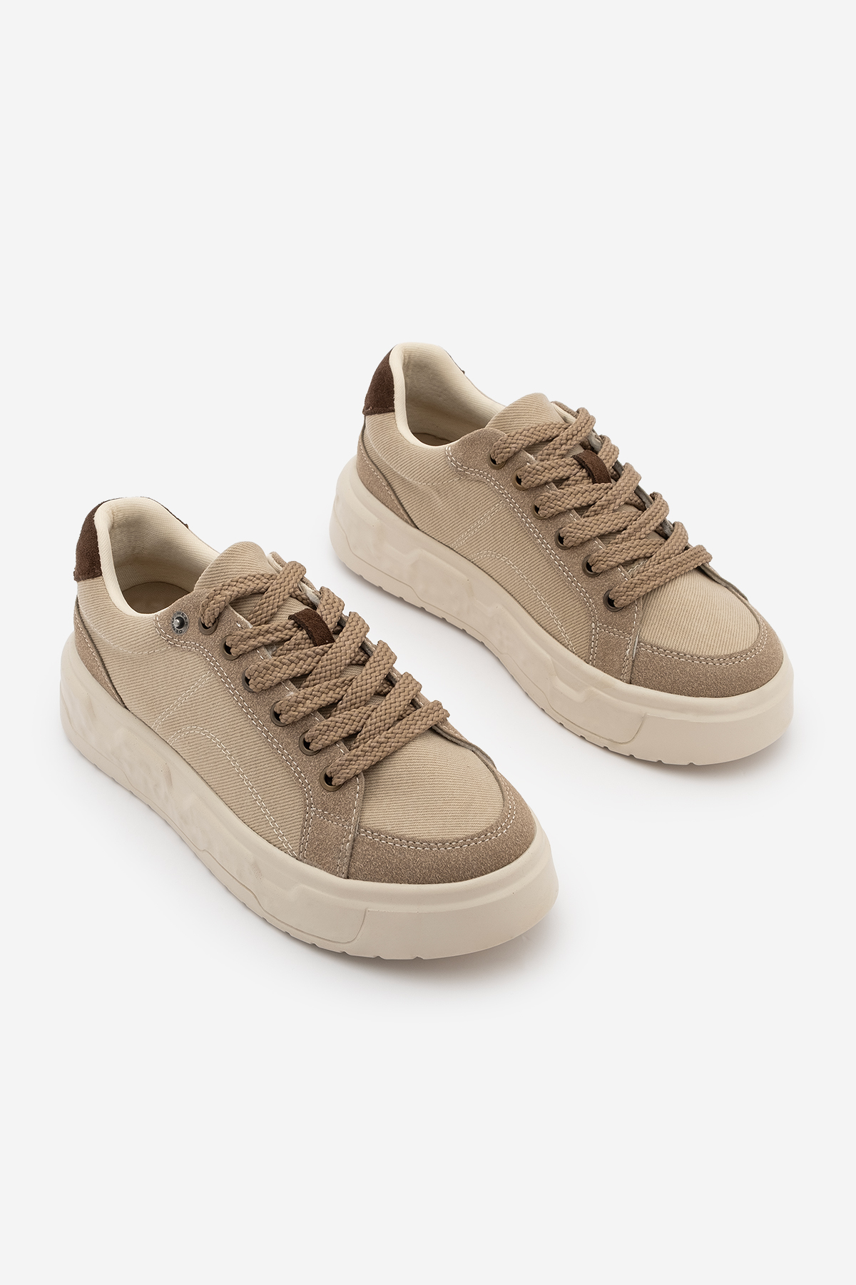 Marjin Kadın Sneaker Süet Yüksek Kalın Desenli Ultra Hafif Taban Bağcıklı Spor Ayakkabı Keten Noska Bej görsel 5