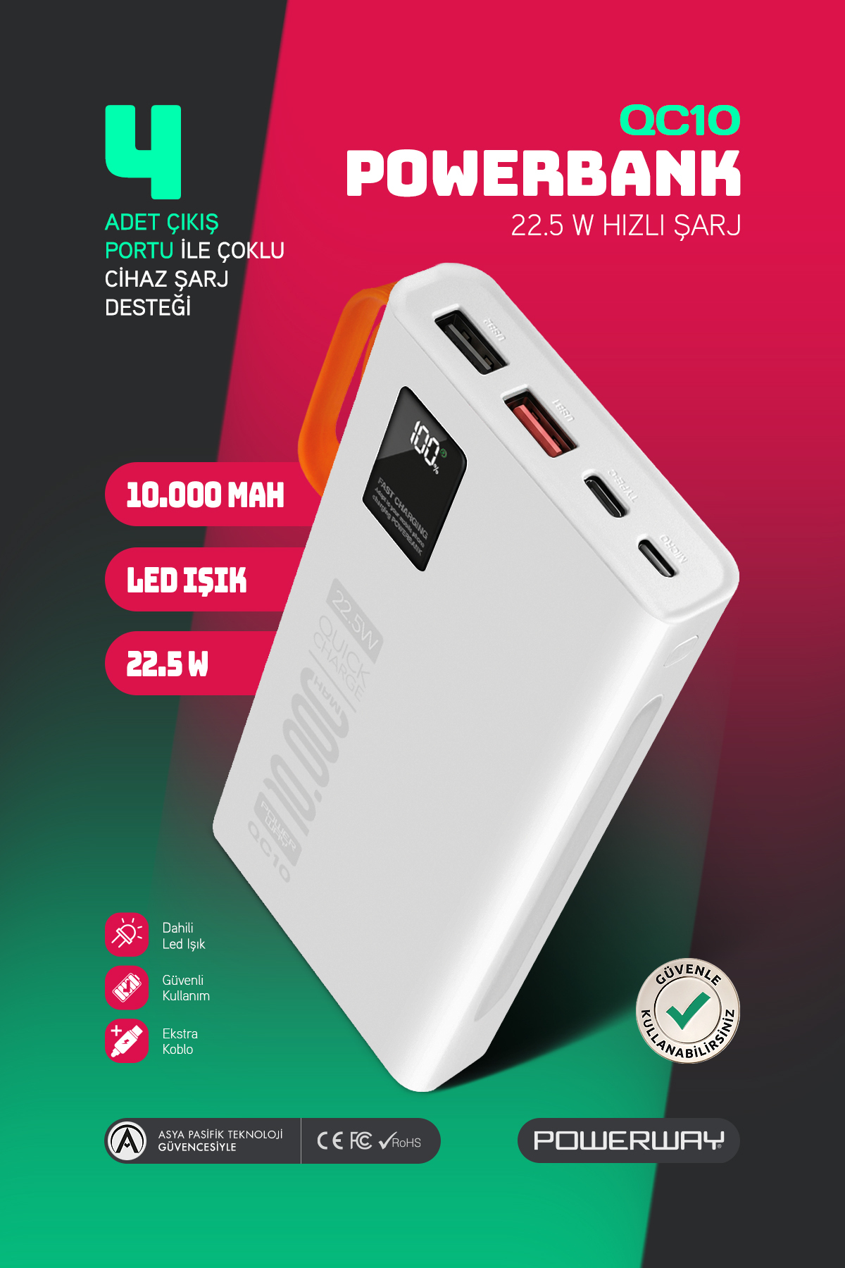 10,000 mAh Pd 22.5W Internal Wired Fast Charging Led Lantern Actual 10,000 mAh QC10 White Powerbank