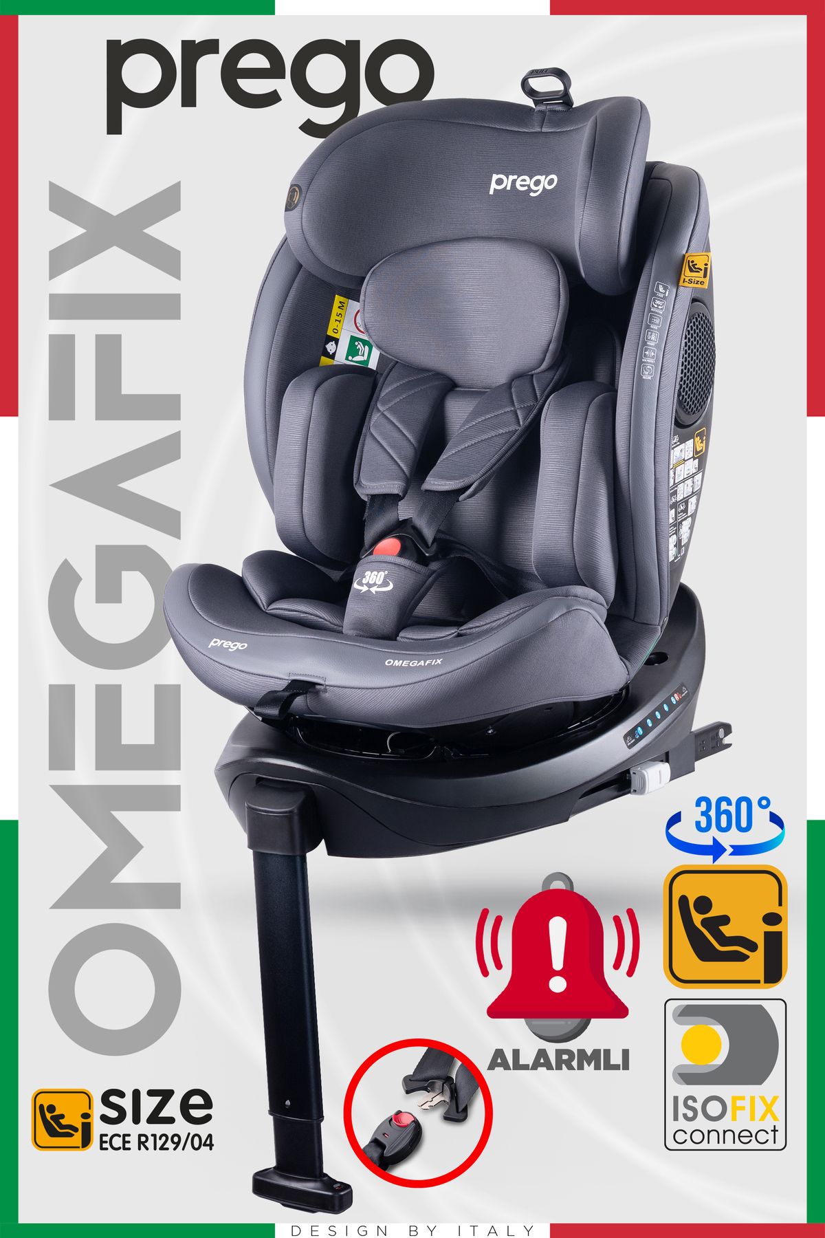 Prego Omegafix Alarmlı 360 Derece Dönebilen -0-36 Kg -İ-Size Belgeli - Destek Ayaklı Oto Koltuğu